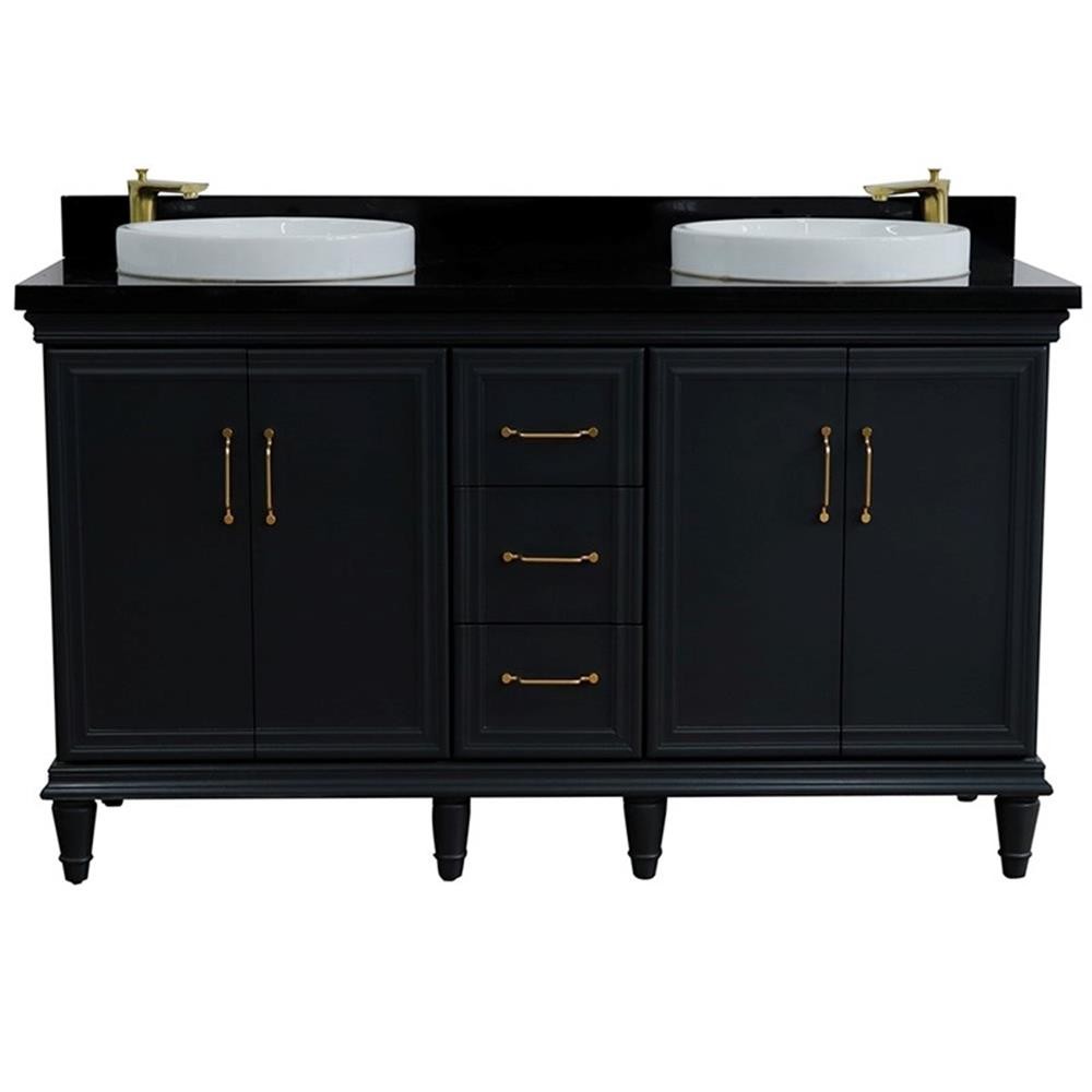 61 in. Double Wooden Vanity Dark Gray Black Galaxy Granite Round Sink