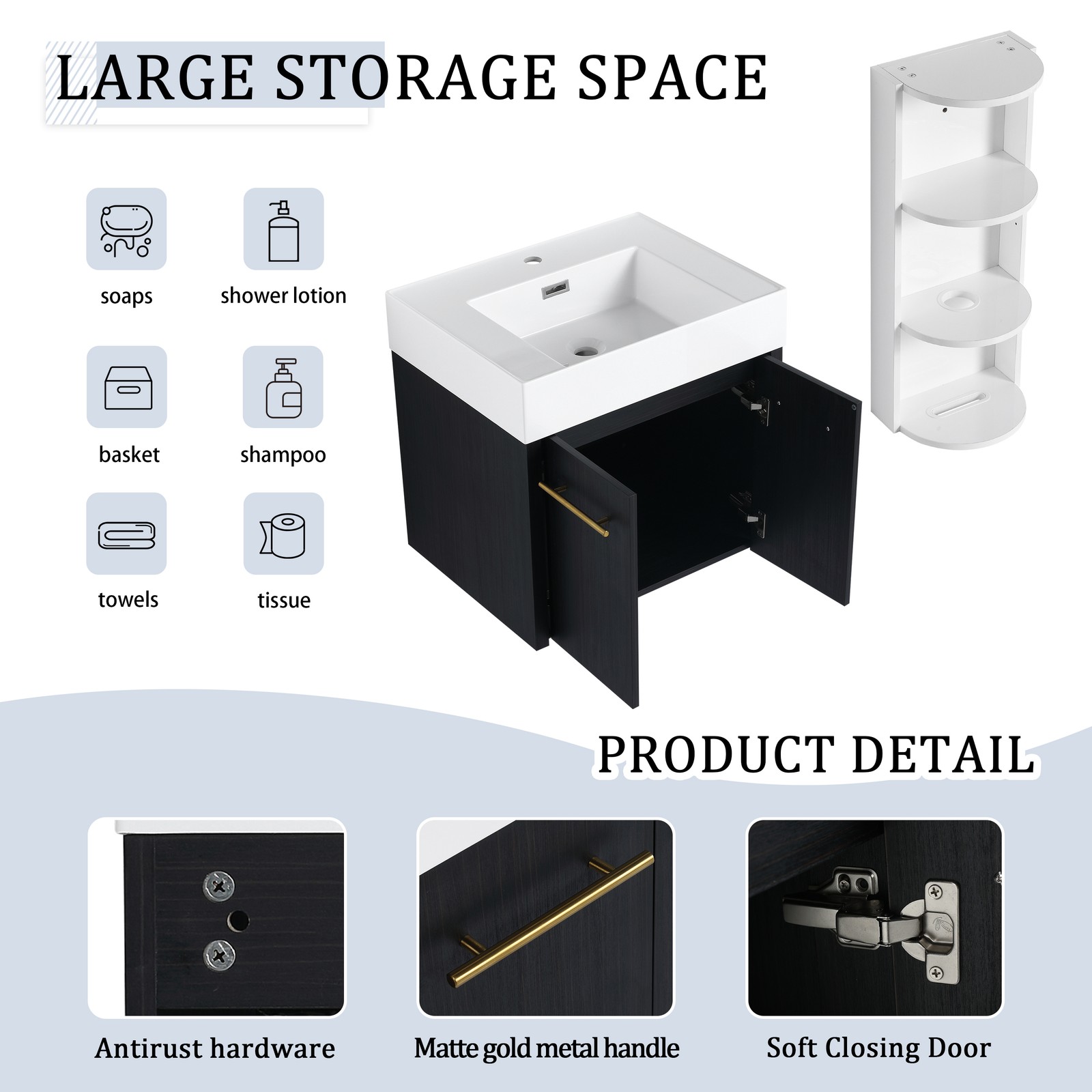 24In Plywood Wall-Mounted Bathroom Vanity W/Resin Sink Doors + Side Storage Rack