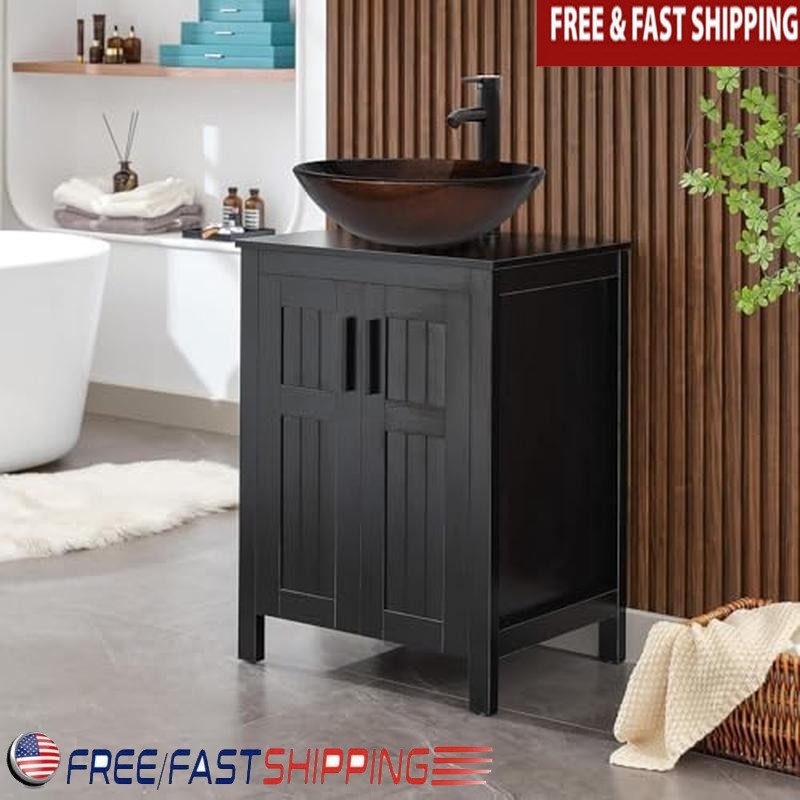 24 In Bathroom Vanity Vessel Sink Modern Cabinet Grooved Doors Metal Handles New