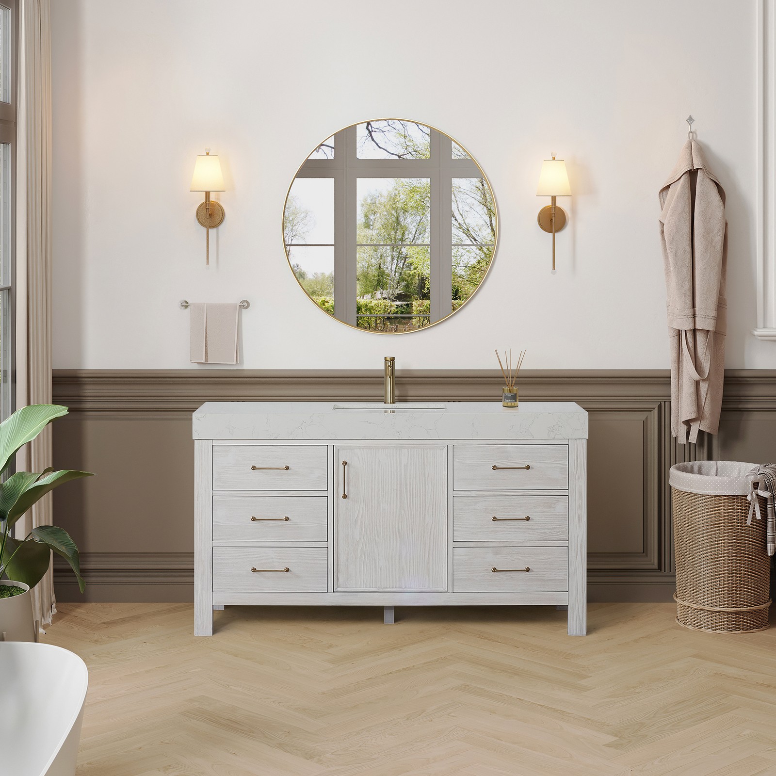 Leon 60″ Single Bathroom Vanity in Washed White w/ Composite in Lightning White