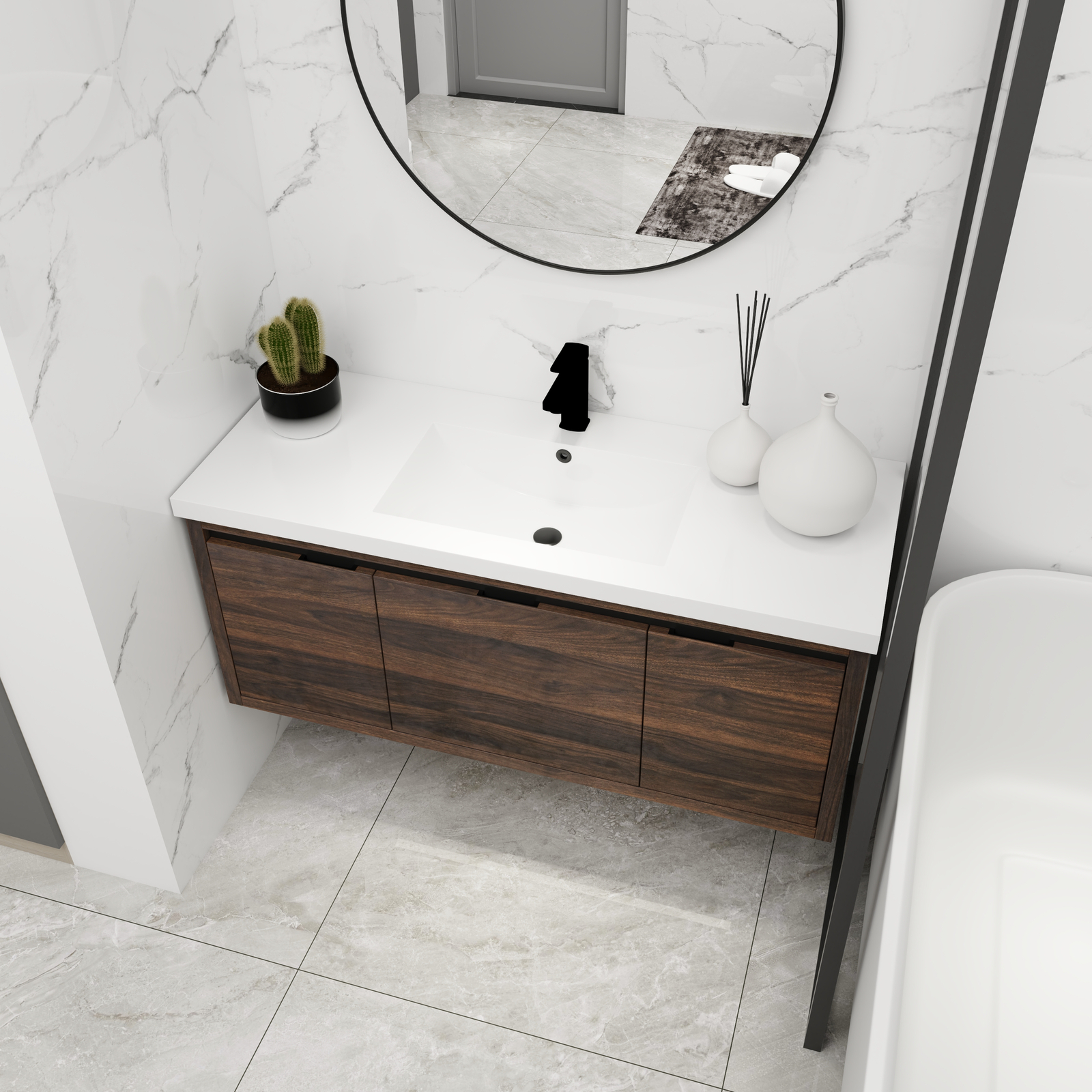 48Inch Floating Wall Mounted Bathroom Vanity Cabinet W/ Sink Doors Drawer Walnut