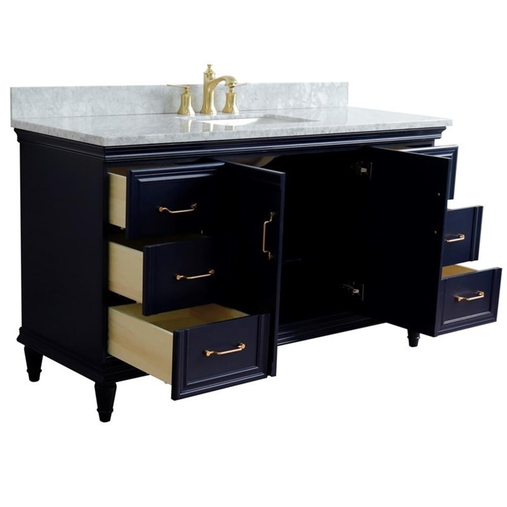 61 in. Single Wooden Vanity Blue White Carrara Marble Rectangle Sink