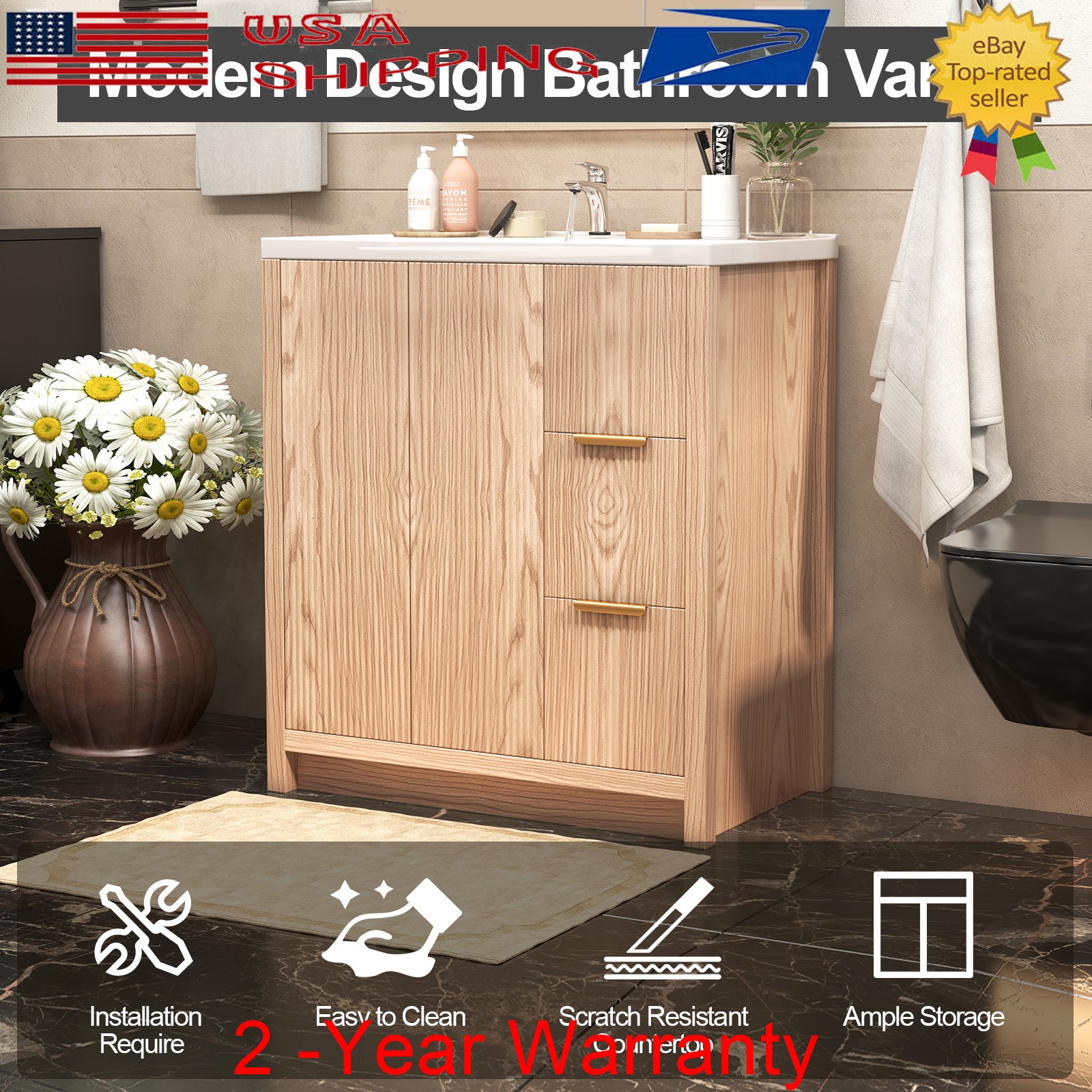 35.5″ Bathroom Vanity w/Sink, Freestanding Storage Vanity Door Cabinet 2 Drawers