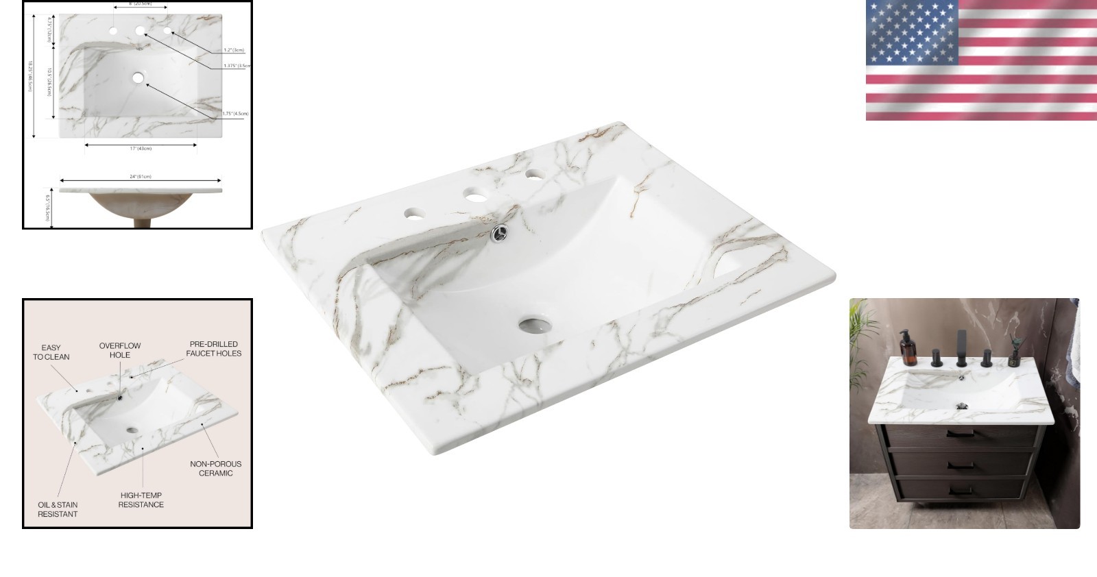 Elegant 24″ Ceramic Vanity Sink Top White Marble Effect Rectangular 3-Hole