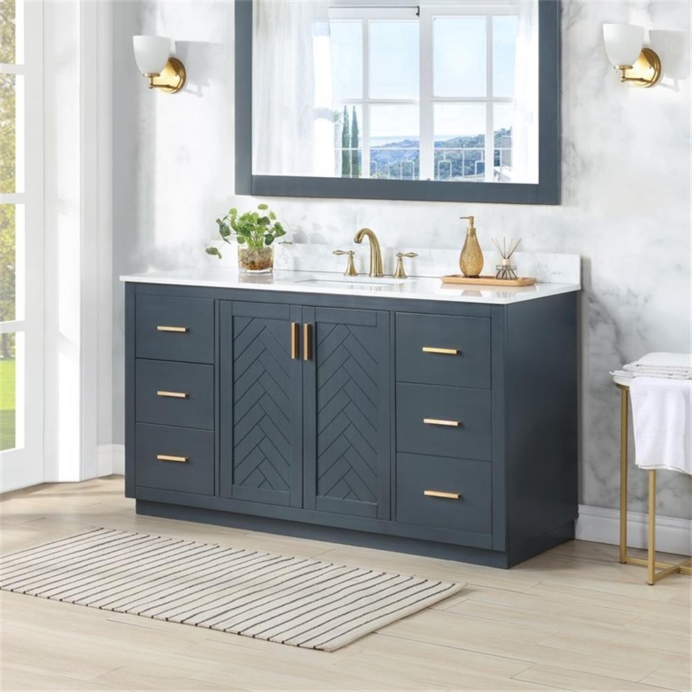 Pemberly Row 60″W Wood Vanity – Classic Blue with Composite Stone Top
