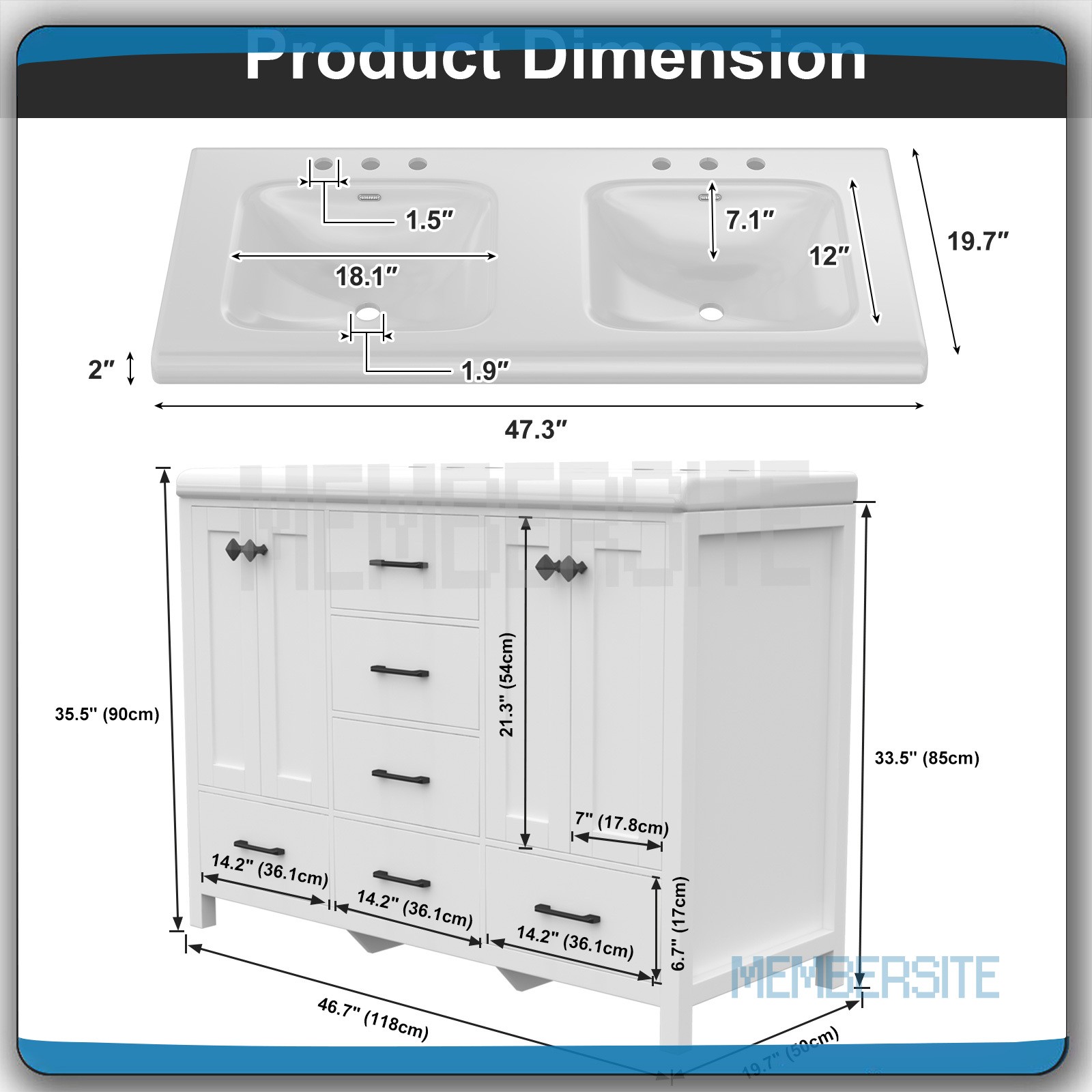 47.3″ Bathroom Vanity w/ Double Sinks Ceramic Cabinet and 5 Drawers Freestanding