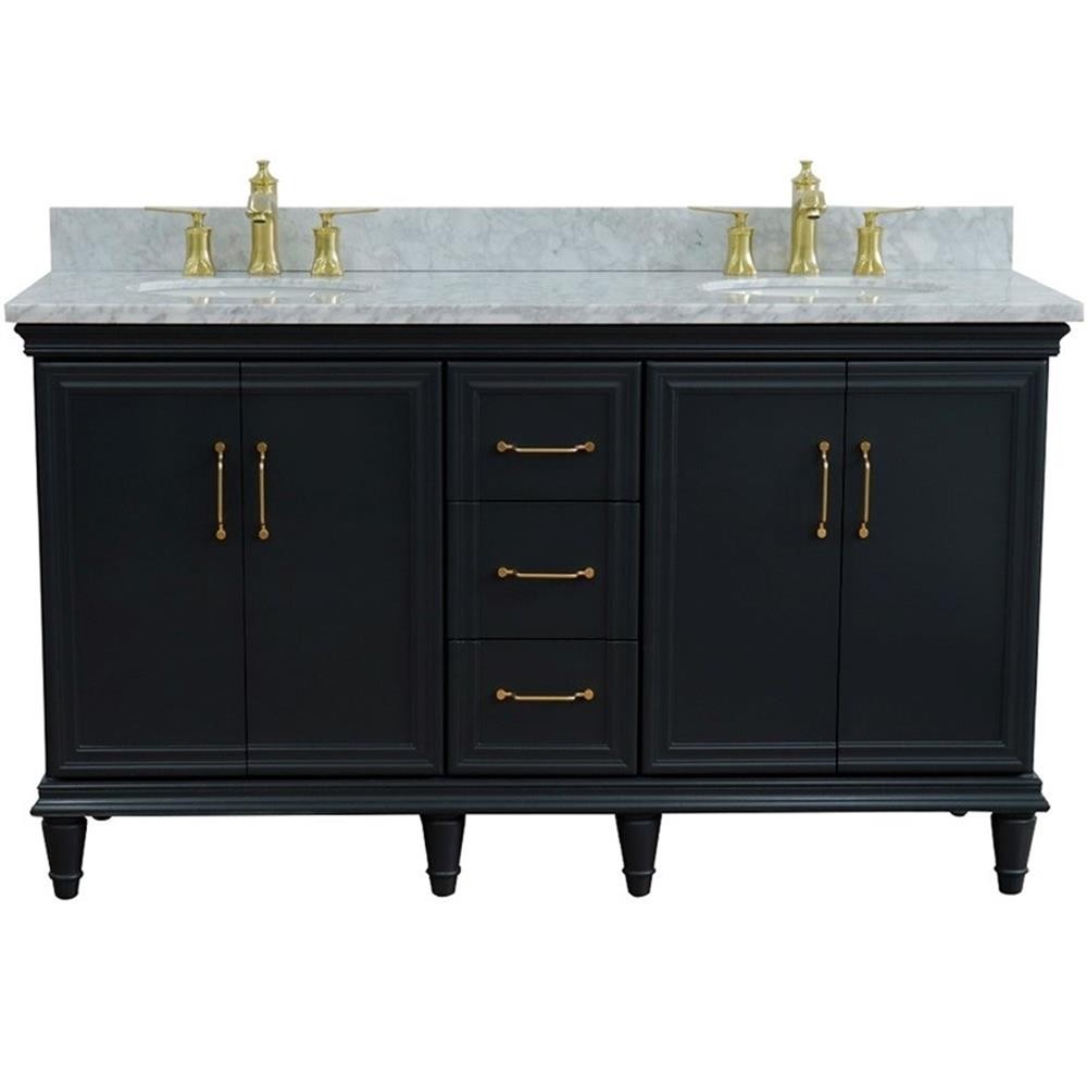 61 in. Double Wooden Vanity Dark Gray White Carrara Marble Oval Sink