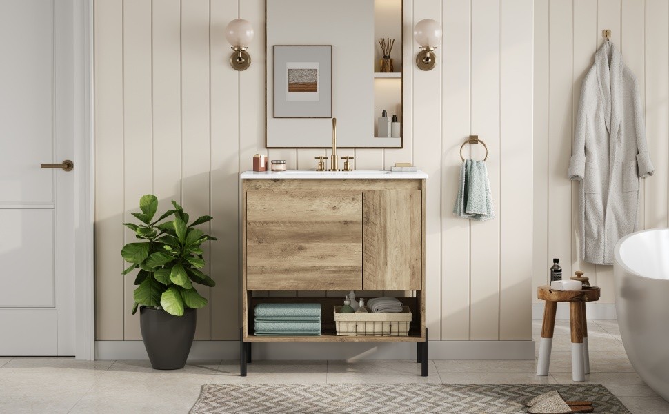 30″ Modern Wood Bathroom Vanity w/Ceramic Sink Bathroom Storage Cabinet，Drawer