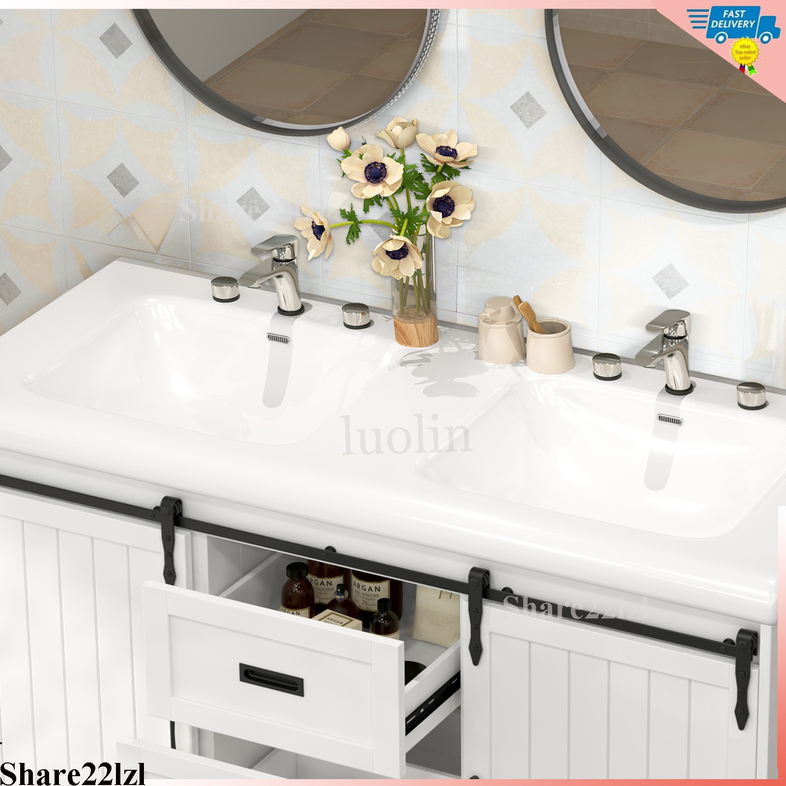47″ Bathroom Vanity Cabinet, Double Ceramic Sink, 2 Drawers, 2 Sliding Doors
