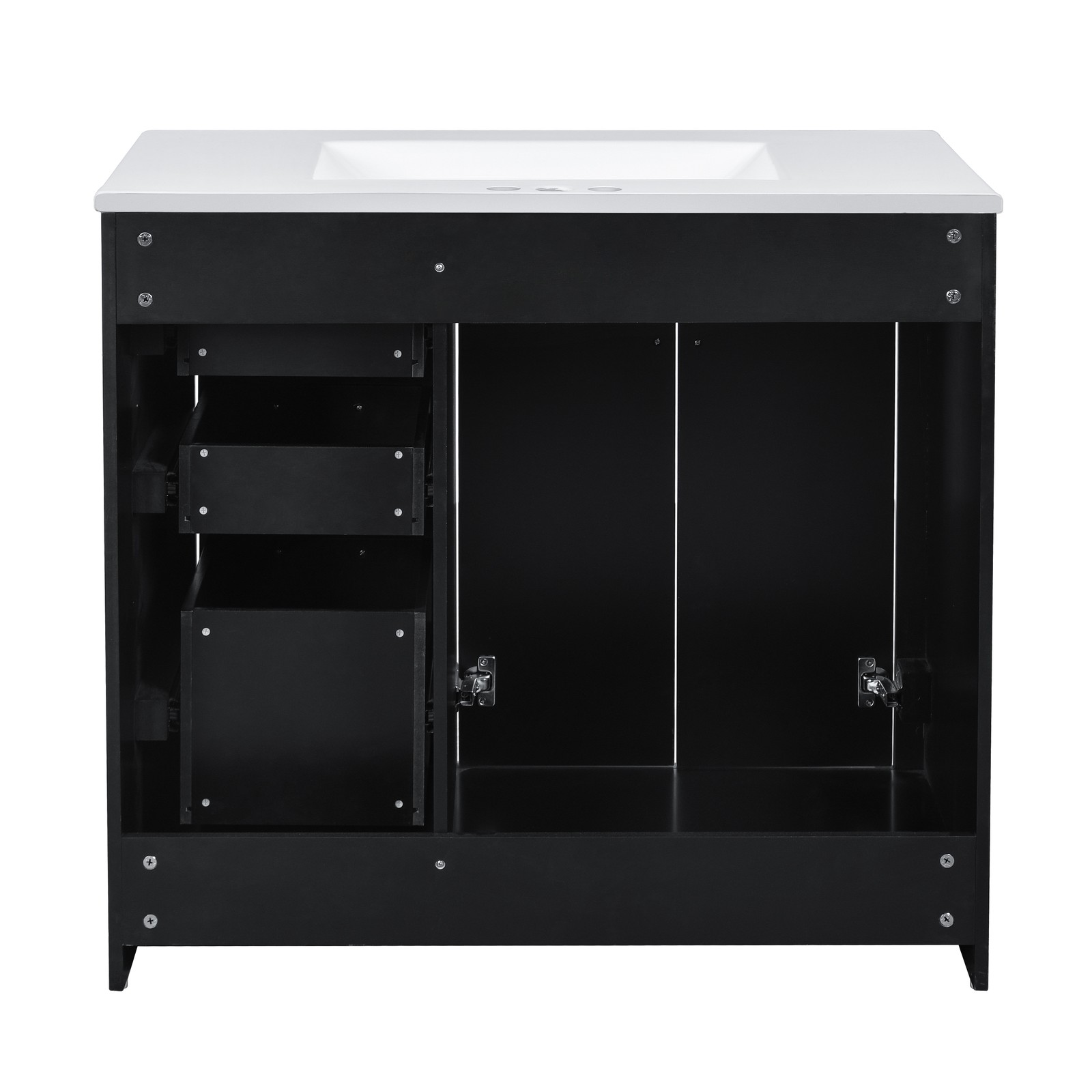 36″ Bathroom Vanity with Ceramic Sink, Solid Wood Frame, 3 Drawers, Black