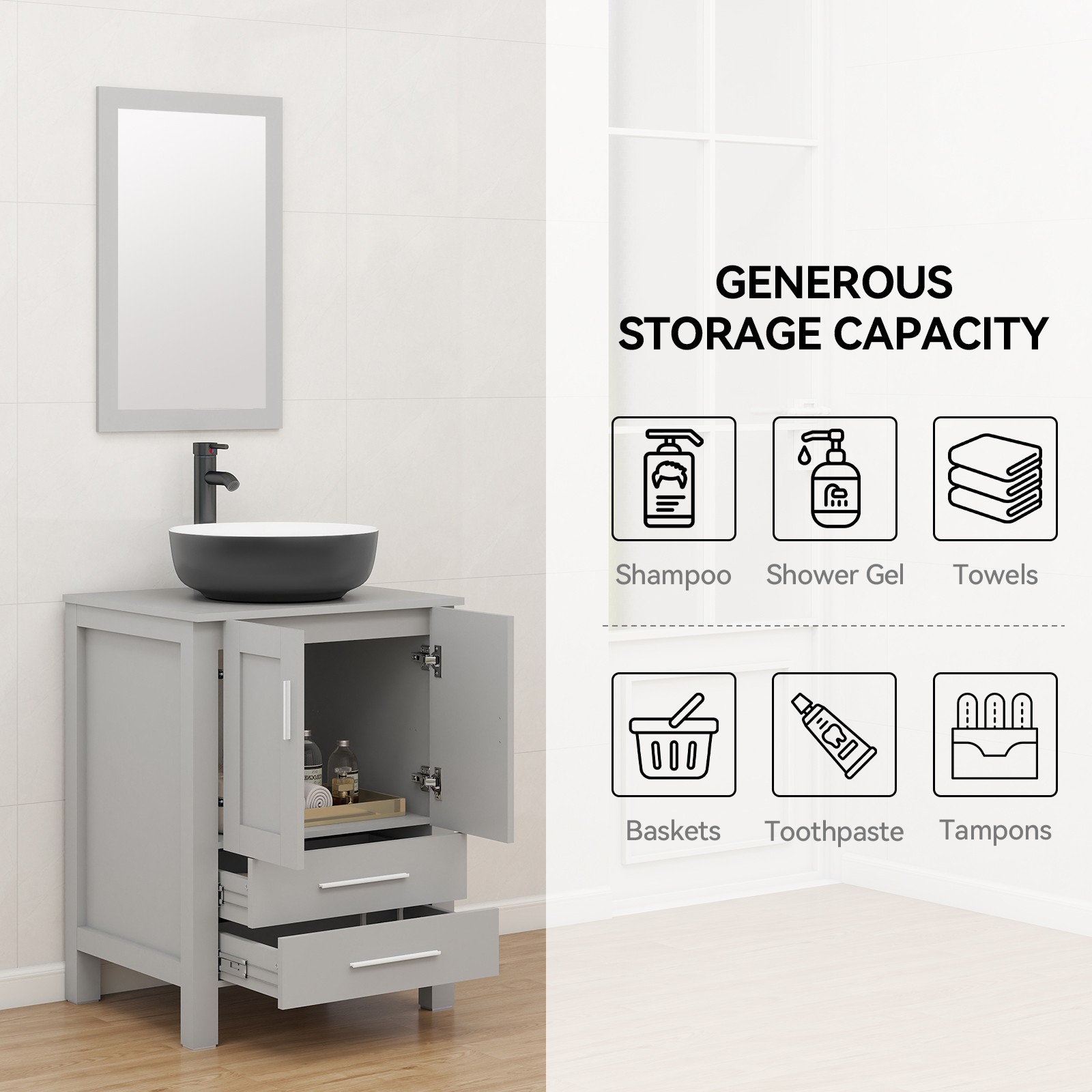 Modern 24″ Vanity Set with Black Ceramic Sink | Cabinet + Drawer Storage