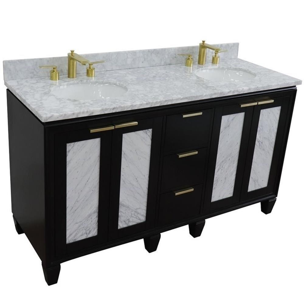Pemberly Row 61″ Double Oval Sink Solid Wood Vanity in Blue/White Carrara