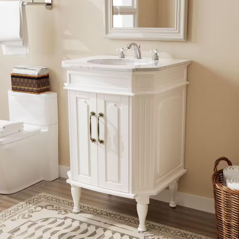 24 In. White Wood Single Sink Freestanding Bathroom Vanity with White Marble Top