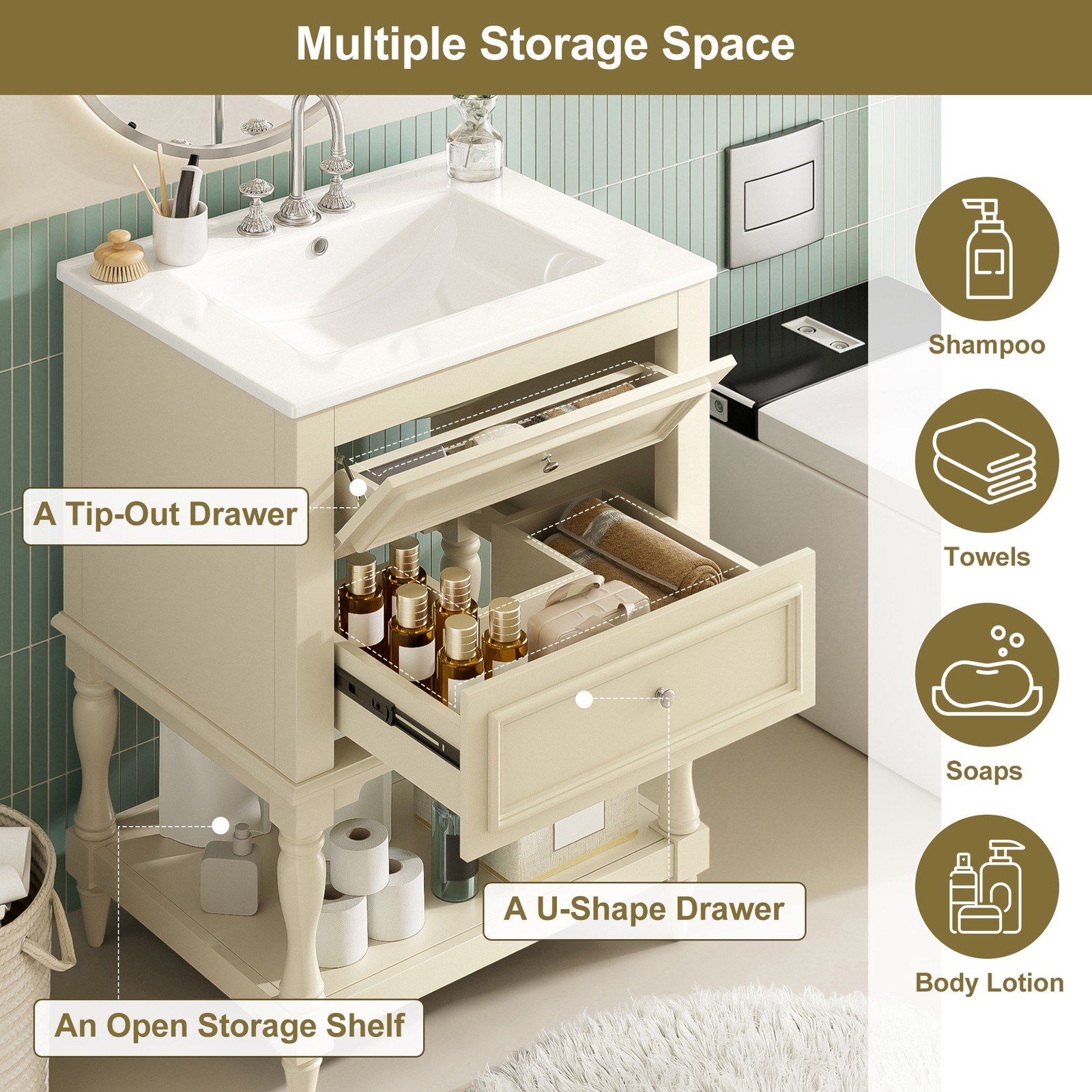 FUNIDEE 24″ Bathroom Vanity with Ceramic Sink Storage Cabinet w/ 2 Drawers Beige