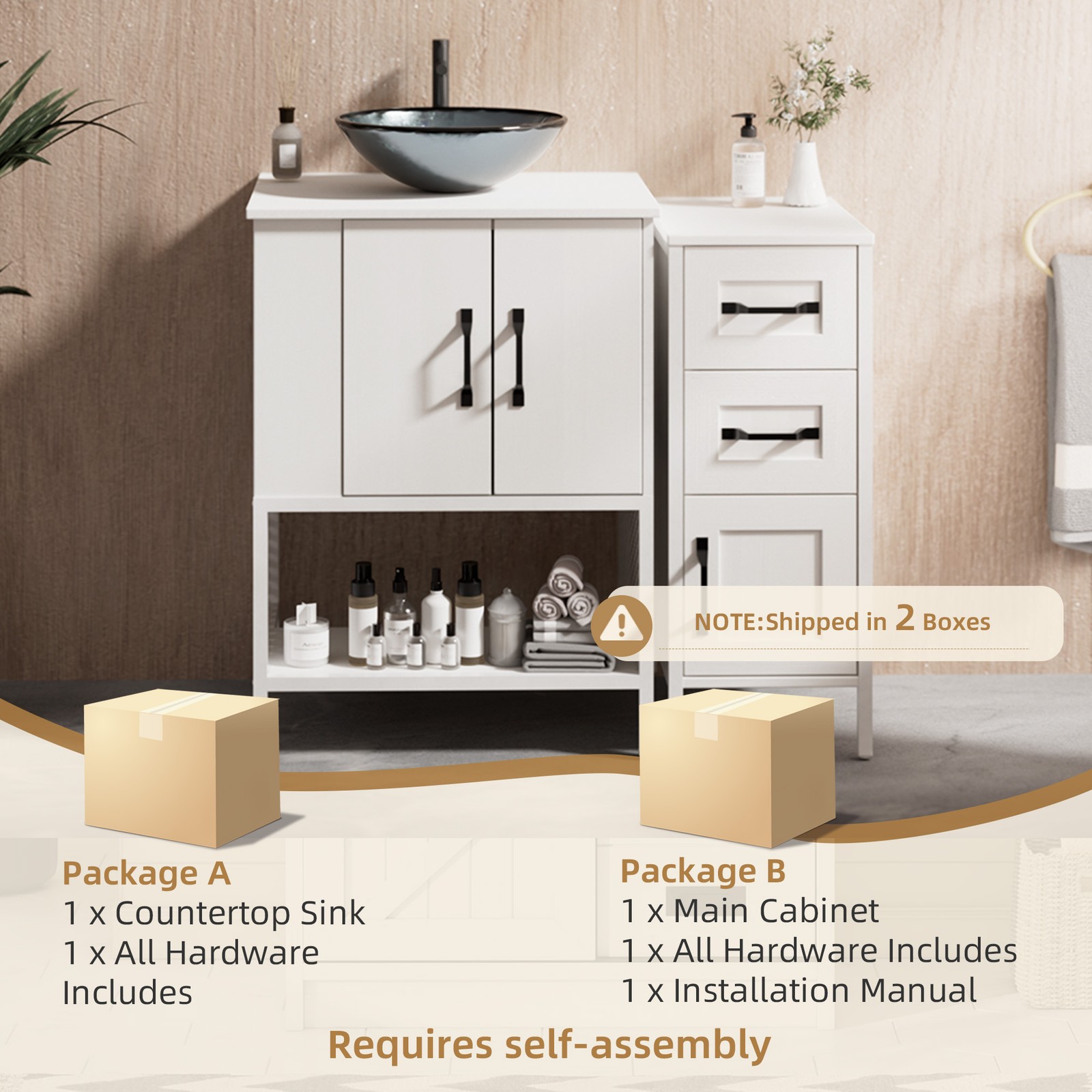 36-inch Freestanding Bathroom Vanity with Vessel Sink Storage Sink Cabinet White