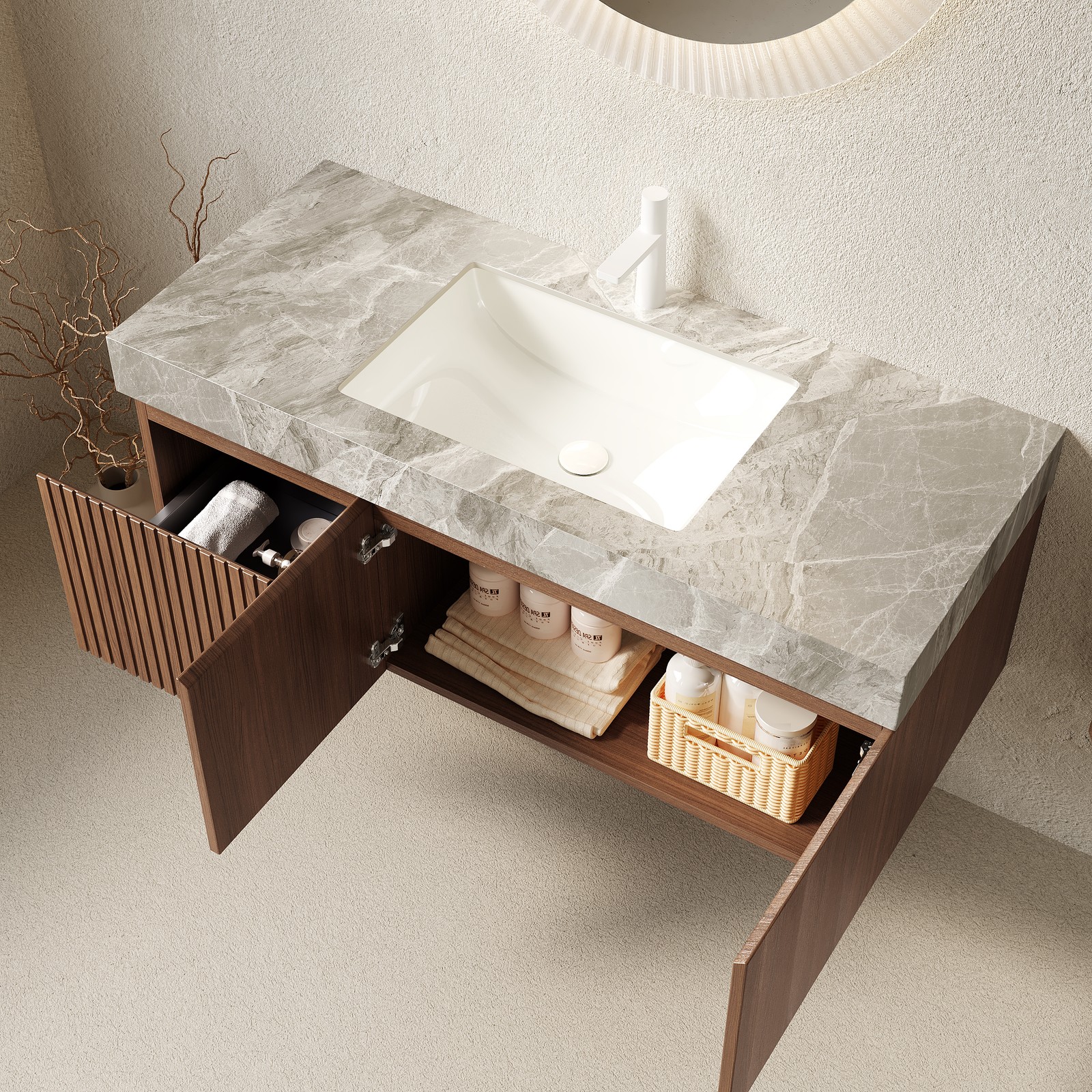 48″ Bathroom Vanity Sink Floating Plywood Storage Cabinet Brown Oak Gray
