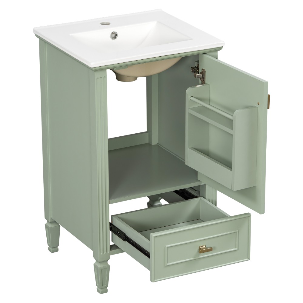 20″ Green Bathroom Vanity, Ceramic Sink, Solid Wood Legs, Soft-Close, Storage