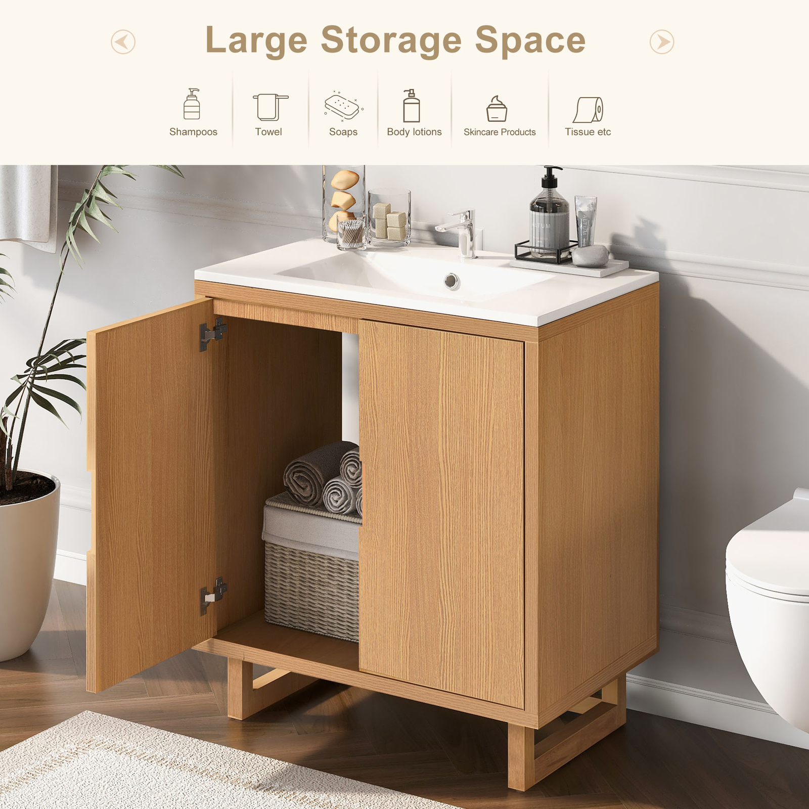 30 Inch Floor Mount Vanity Cabinet Resin Sink Bathroom Furniture Set Storage