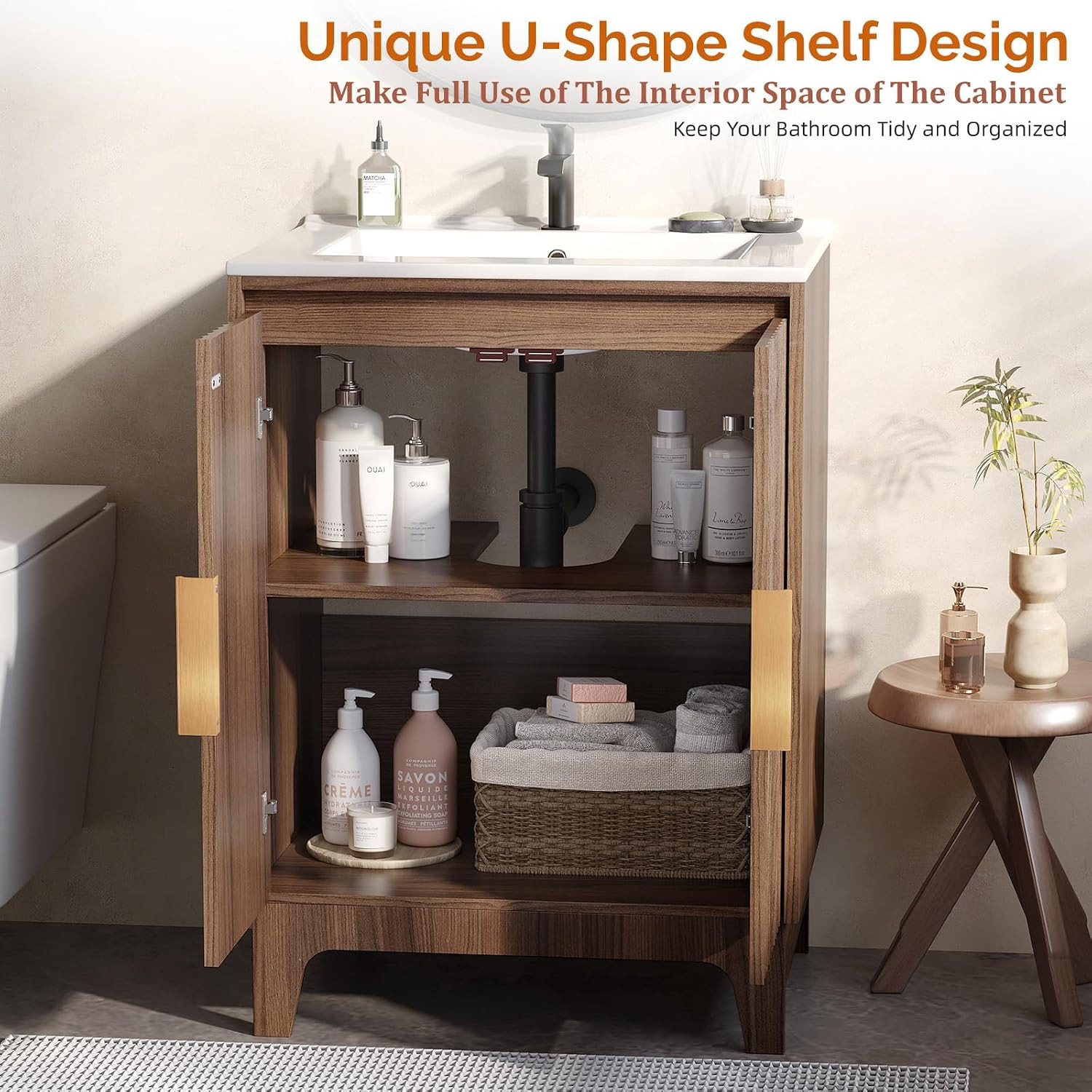 24 Inch Bathroom Vanity with Sink, Mid-Century Modern Vanity with Ceramic Basin