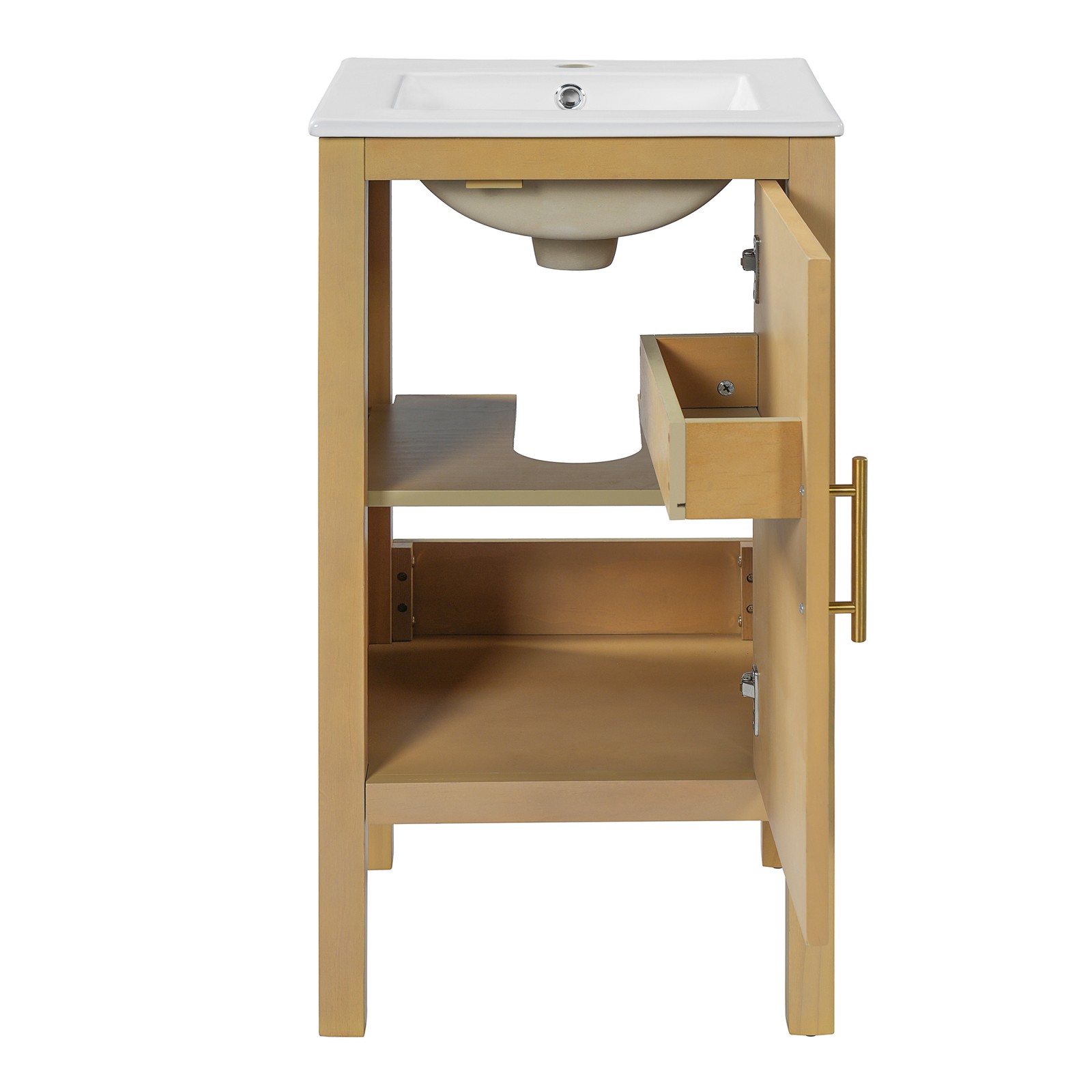 18 Inch Bathroom Vanity with Ceramic Sink, Storage Cabinet, Natural Wood