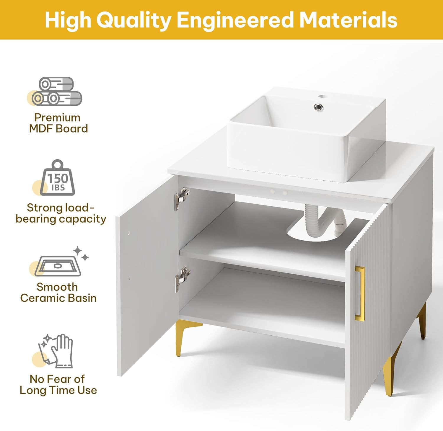 30″ Modern Bathroom Vanity with Ceramic Sink & Gold Handles, Soft Close Doors
