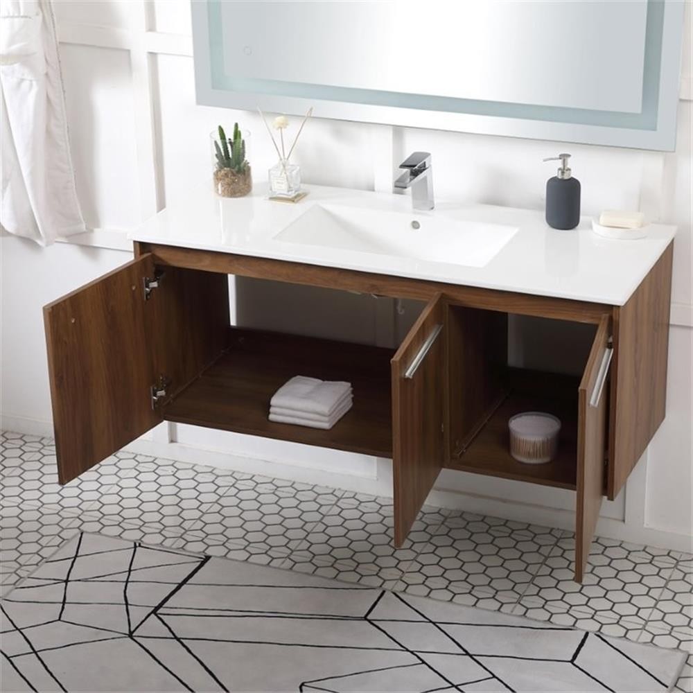 Pemberly Row 48″ Single Porcelain Top Floating Bathroom Vanity in Walnut