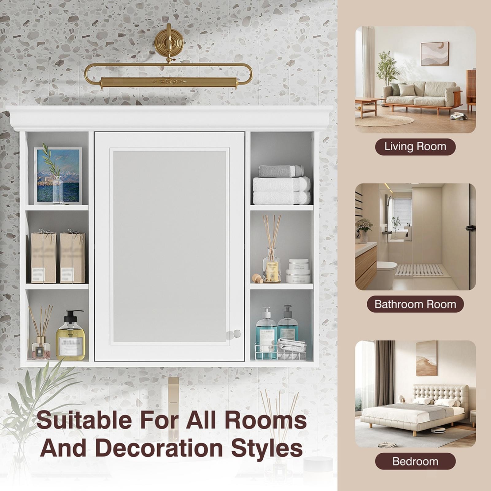 Elegant White Mirror Door Bathroom Cabinet Wall Mounted Modern Storage Shelves