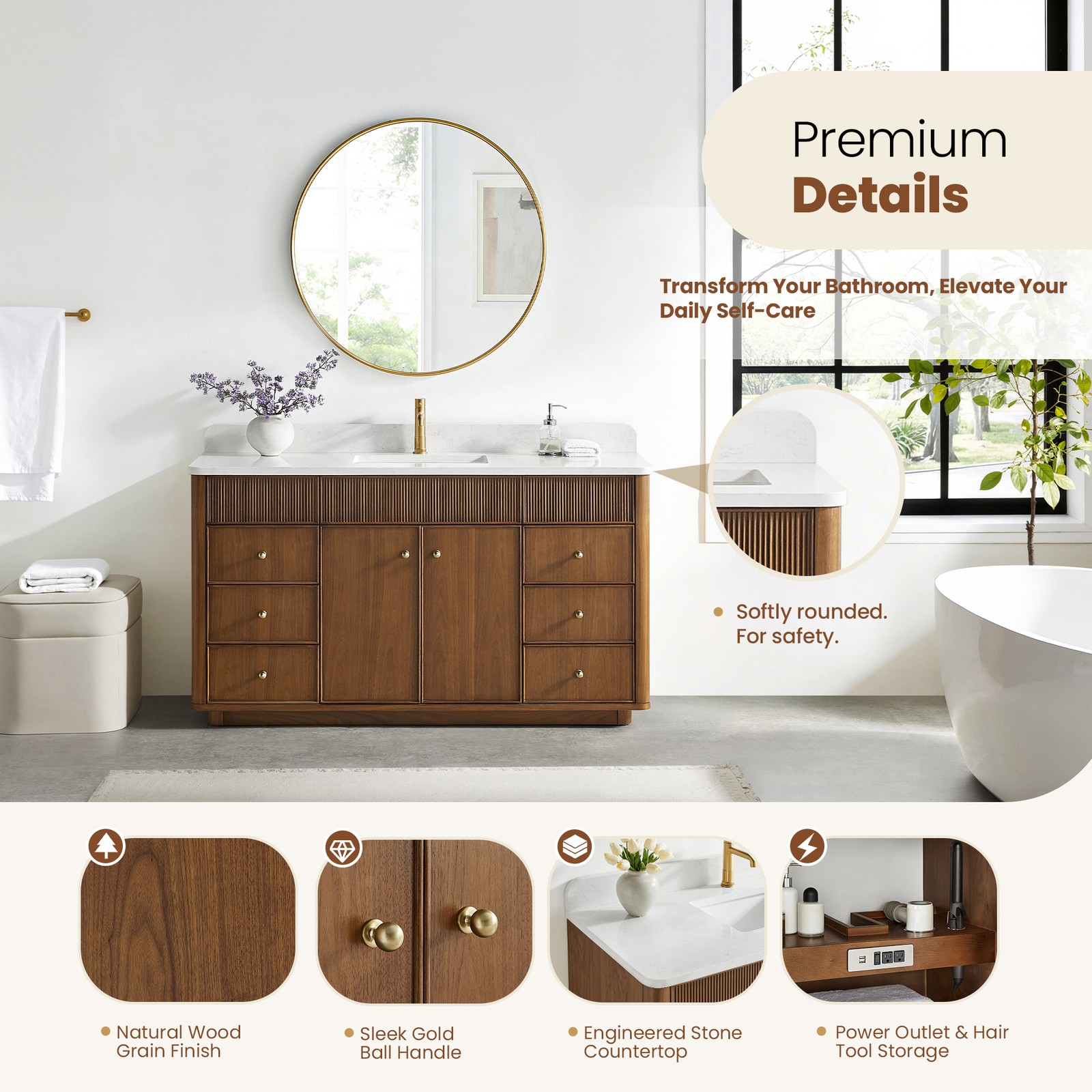 Zogno 60″ Single Sink Bath Vanity in Natural Walnut with White Grain Stone Top