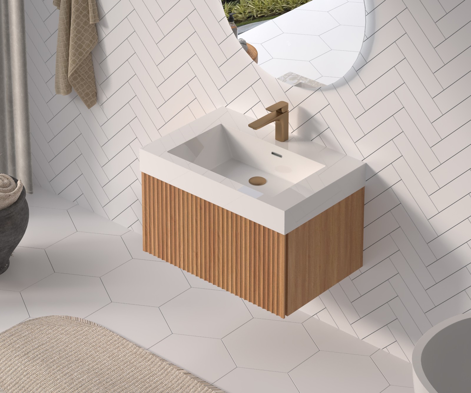 30″ Floating Bathroom Vanity with Integrated Sink, Acacia Plywood Cabinet