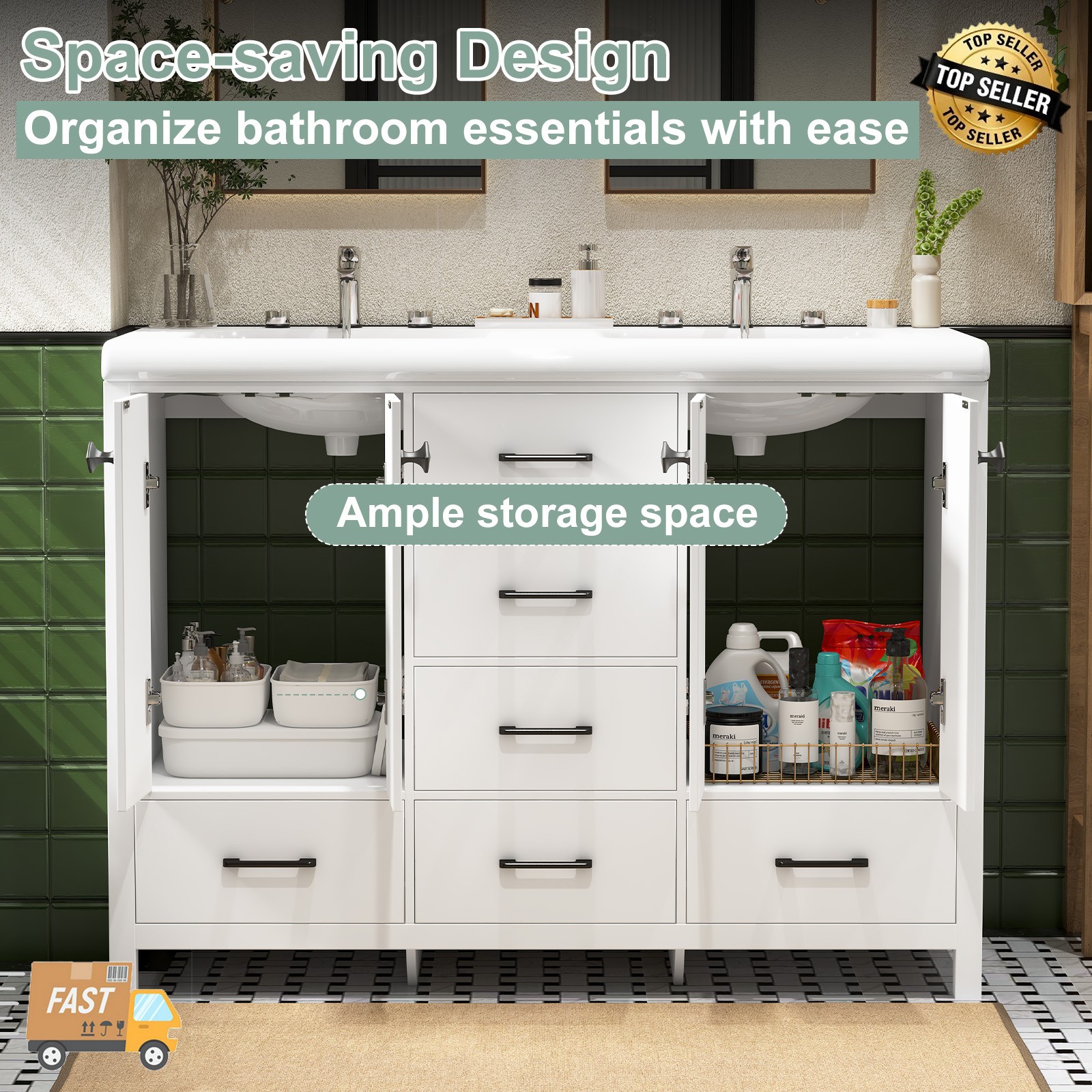 47.3″ Bathroom Vanity Double Sink Ceramic Freestanding Storage Cabinet Drawers.
