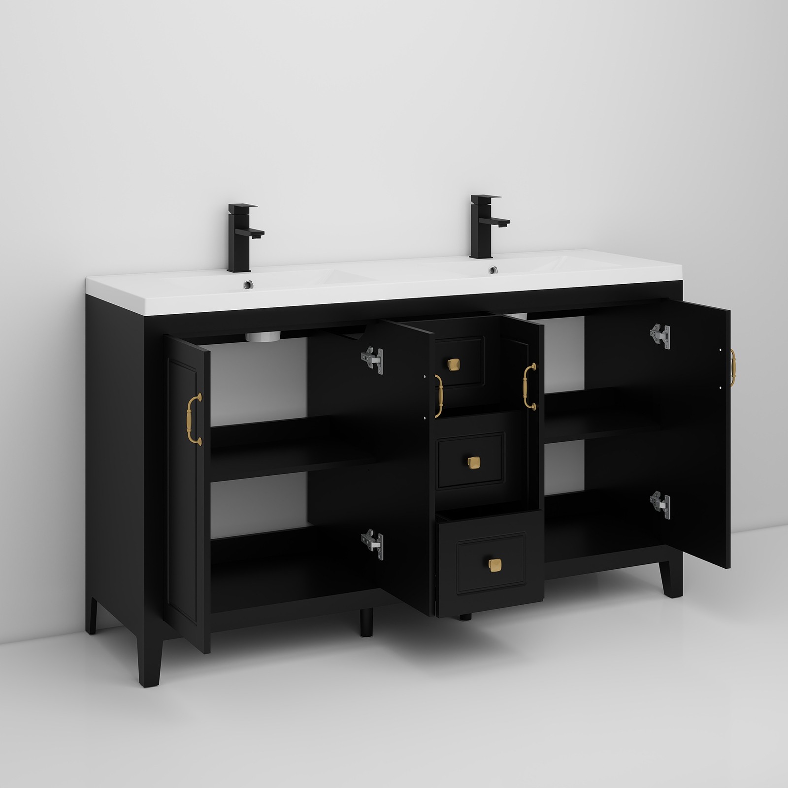 60″ Freestanding Bathroom Vanity Soft-Close 4 Doors 3 Drawers Matte Black Faucet