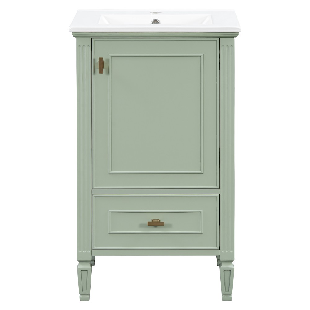 20″ Green Bathroom Vanity, Ceramic Sink, Solid Wood Legs, Soft-Close, Storage