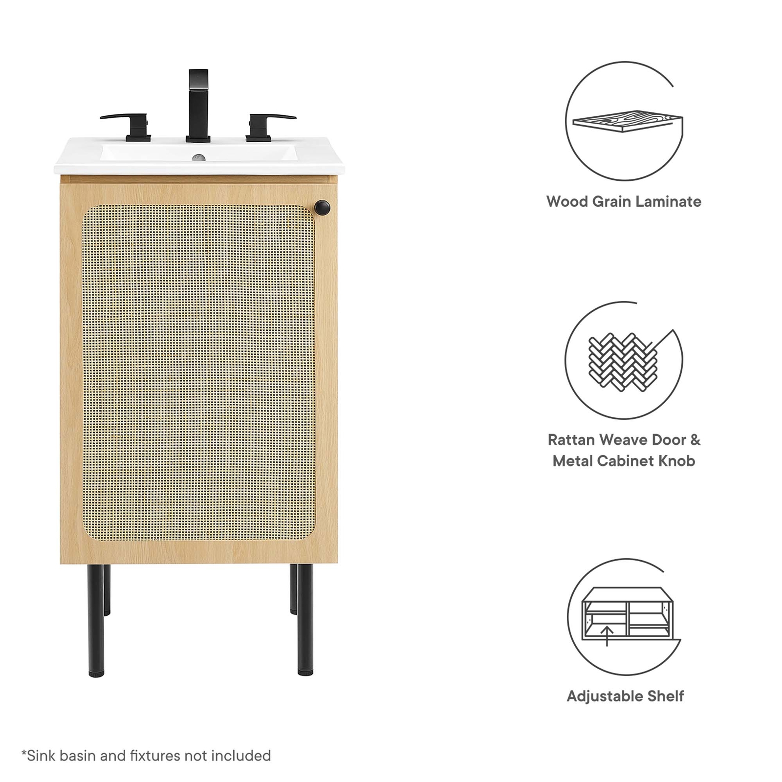 Modway Chaucer 18” Bathroom Vanity Cabinet in Oak (Sink Basin Not Included)