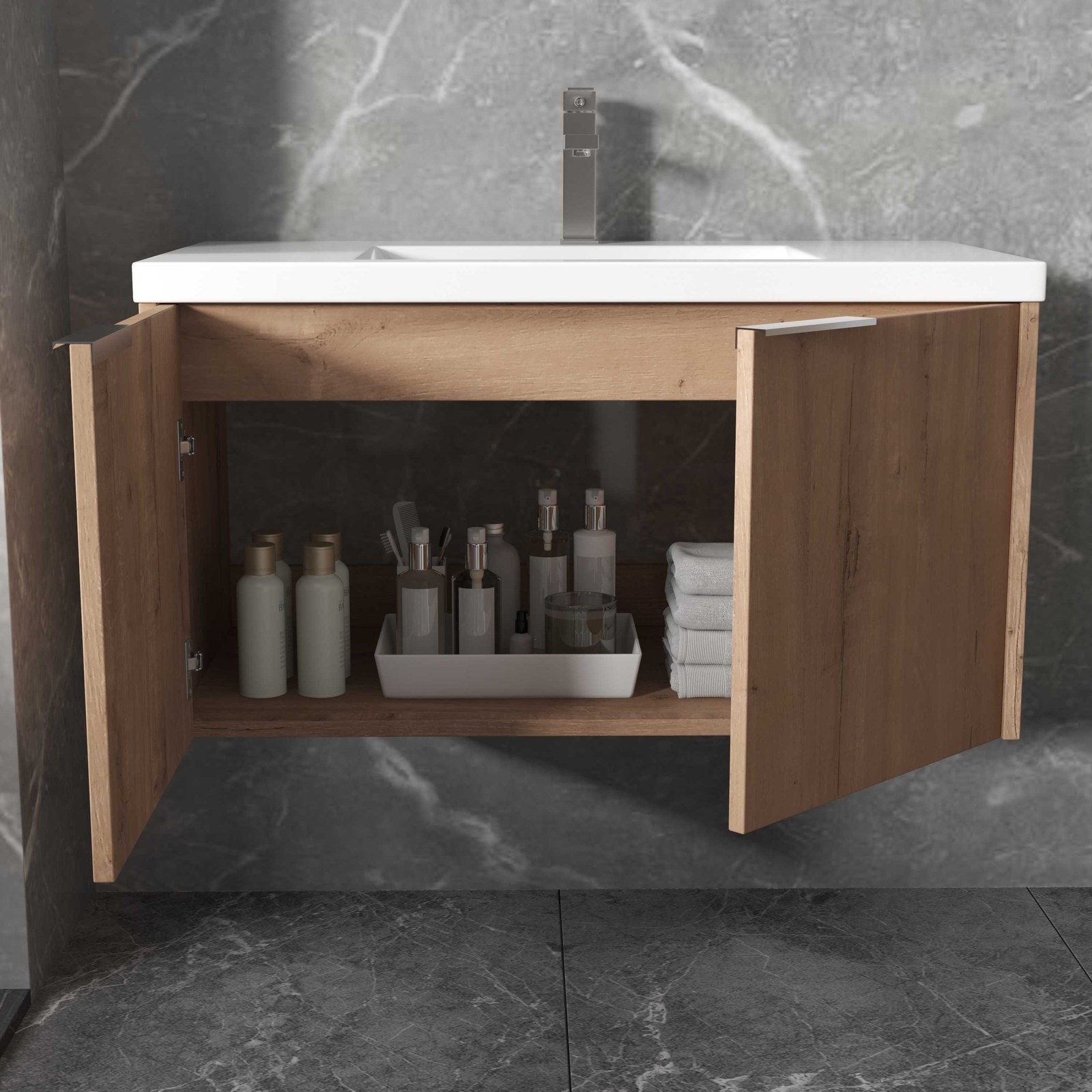 35” Modern Wall Mounted Bathroom Vanity w/ Sink 2 Soft Close Door Imitative Oak