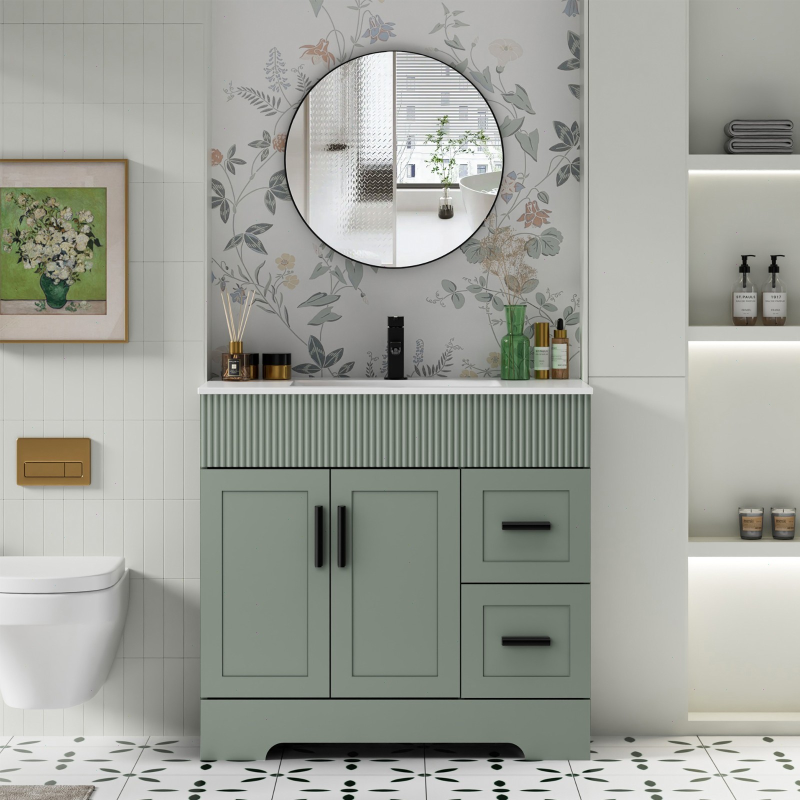 36″ Single Bathroom Vanity Set with Drop in Ceramic Sink Top with Wave Lines