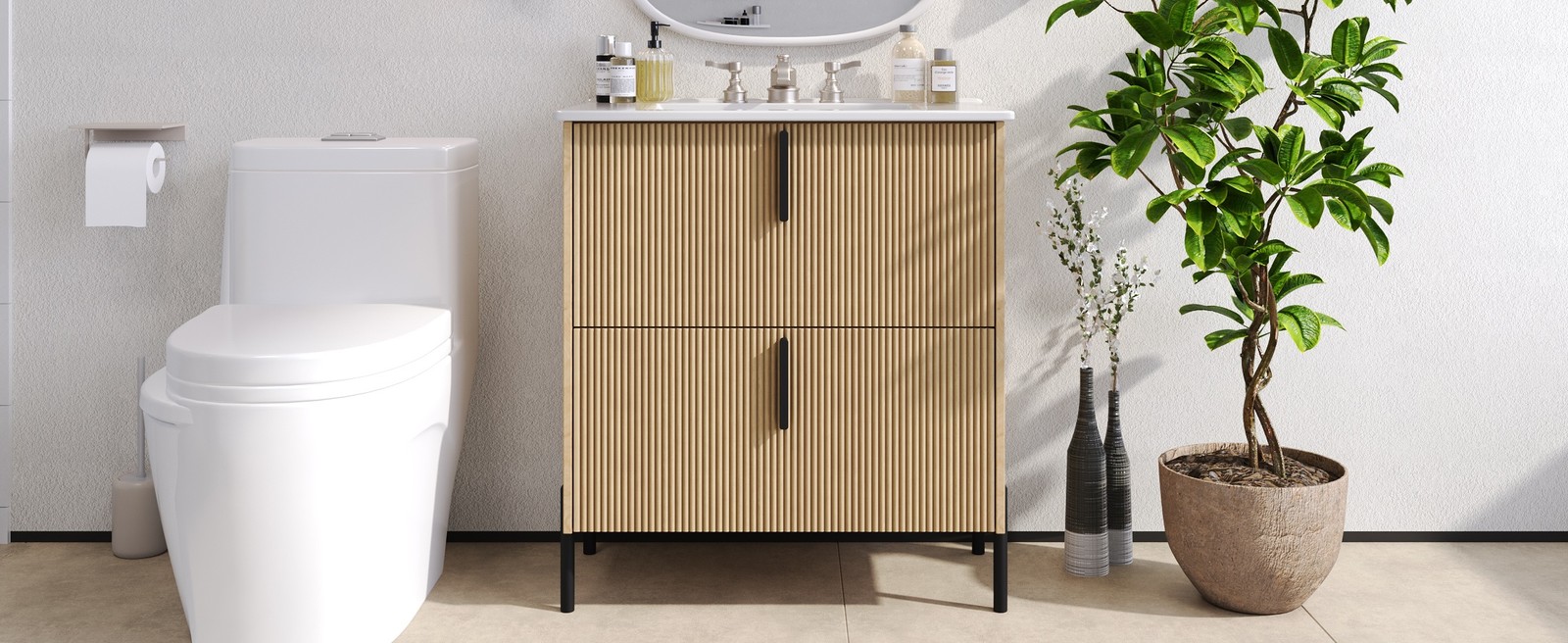 30″ Bathroom Vanity with Ceramic Sink, Soft Close Drawers, Fluted