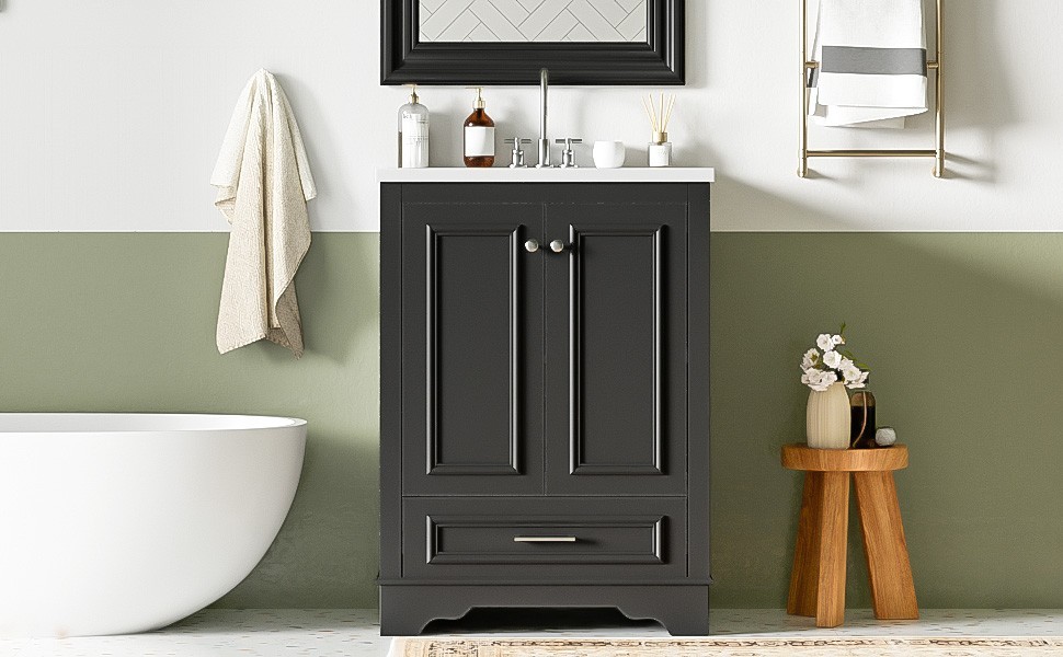 24″ Bathroom Vanity With Ceramic Sink Storage Cabinet Drawer Soft-Closing Doors