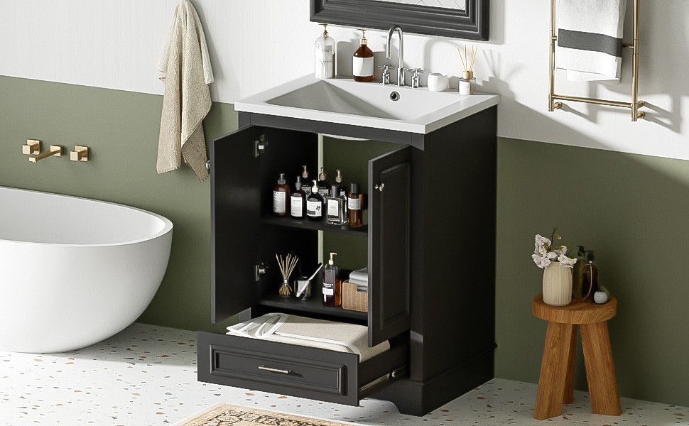 24″ Bathroom Vanity With Ceramic Sink Storage Cabinet Drawer Soft-Closing Doors