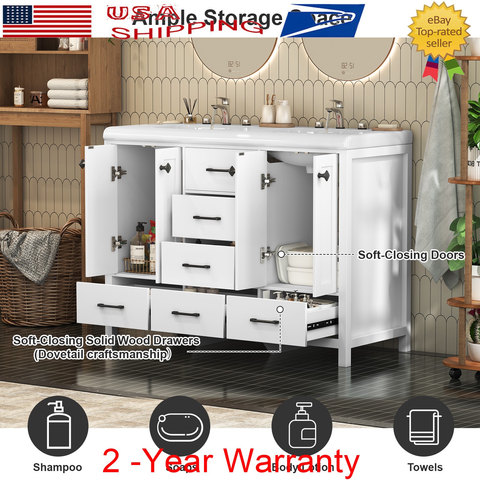 47.3″ Bathroom Vanity w/ Double Sink Freestanding Bath Vanity Cabinet Drawer New