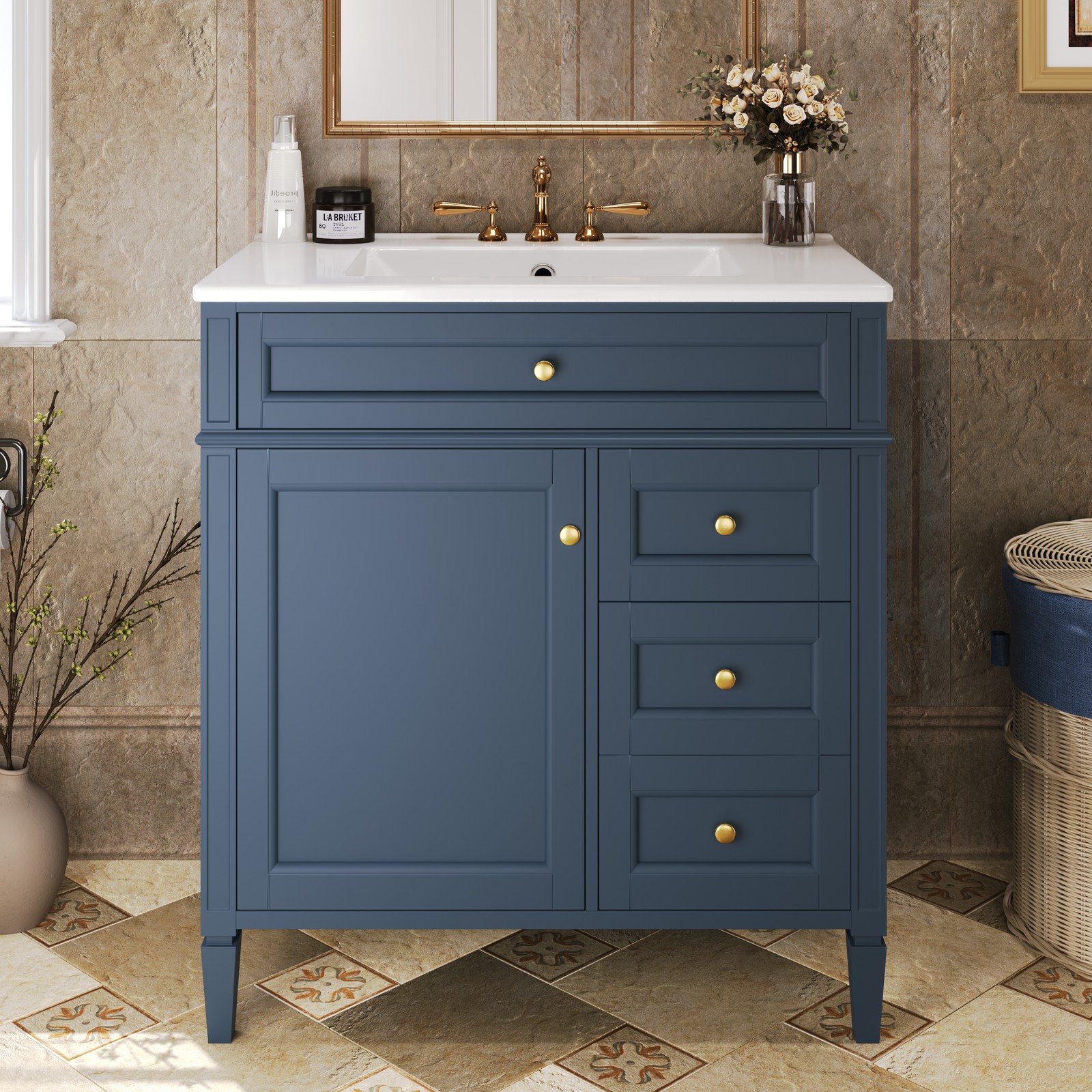 30″ Bathroom Vanity with Sink, 2 Drawers & Tip-Out Drawer, Blue