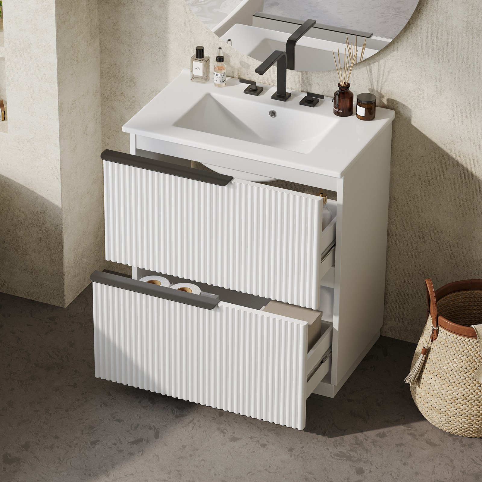30″ Bathroom Vanity with Ceramic Sink & Soft Close Drawers, White