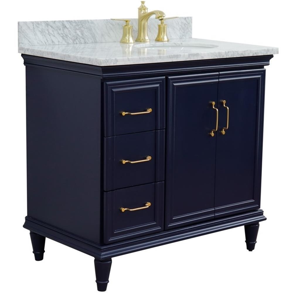 37 in. Single Wooden Vanity Blue White Carrara Oval Right Door.Right Sink