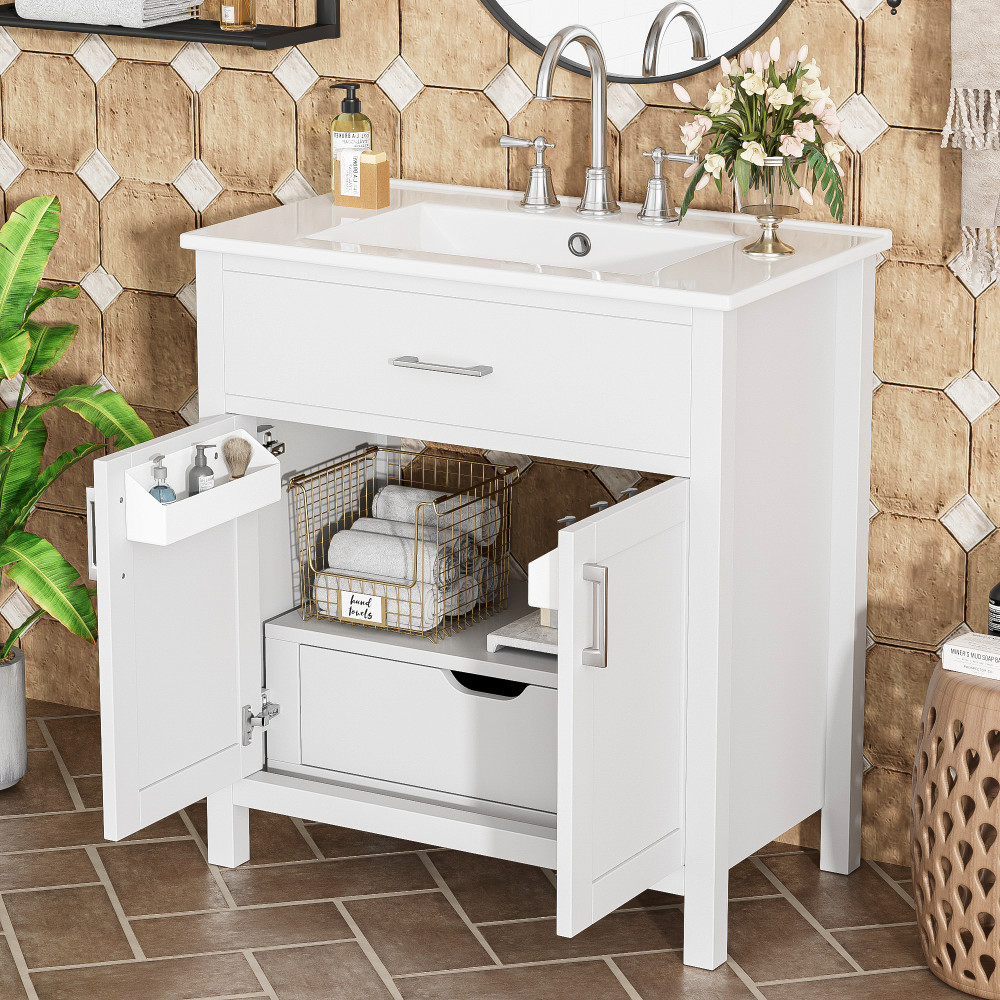 30″ Bathroom Vanity Ceramic Sink Soft Close 2 Door Drawer Silver Storage Cabinet