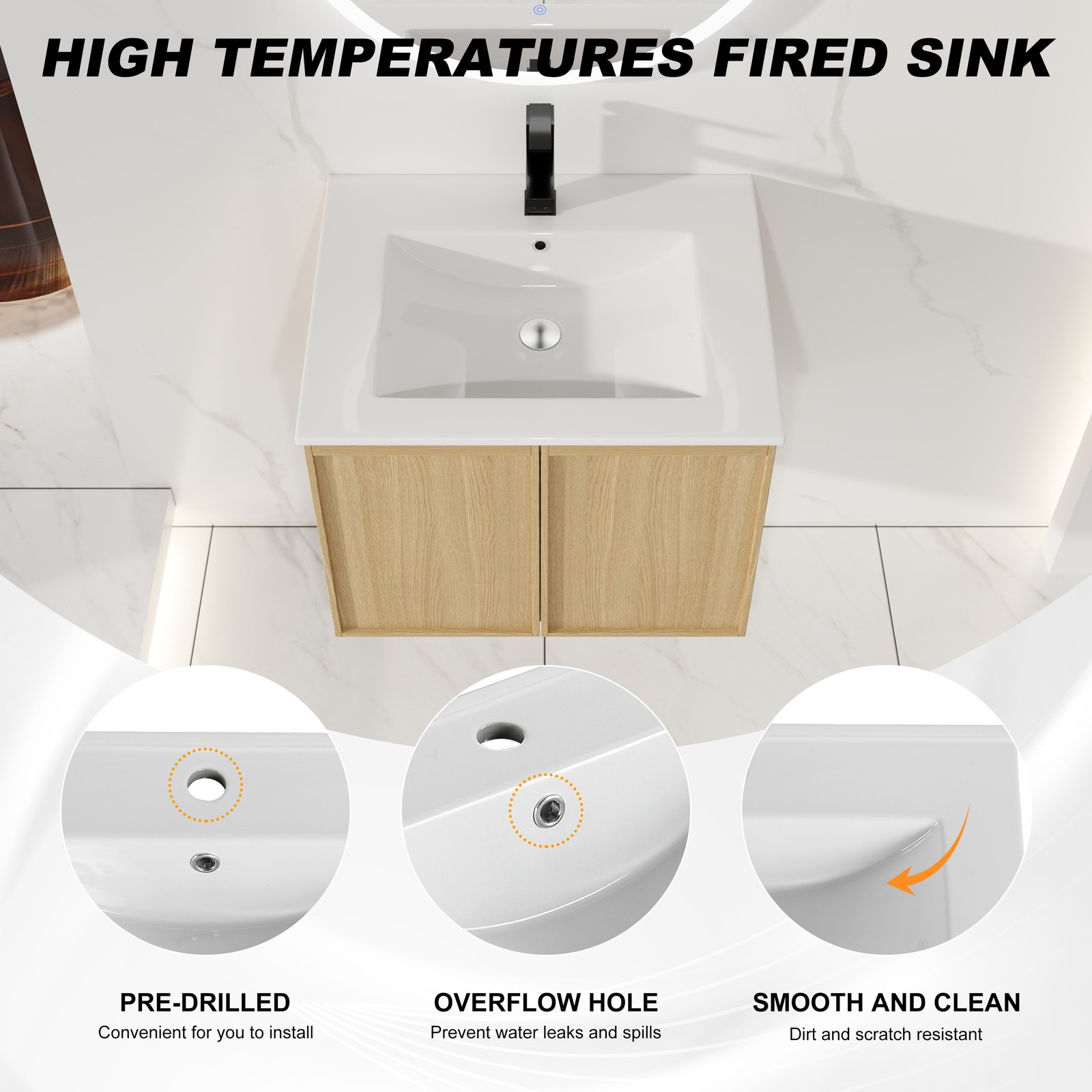 24″ Floating Bathroom Vanity with Sink, Light Oak Wall-Mounted Cabinet