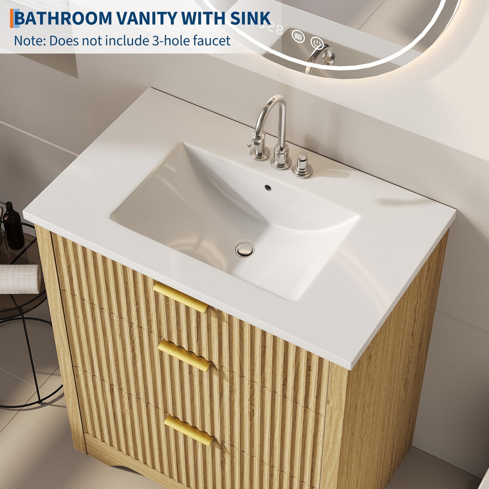 30″ Fluted Bathroom Vanity w/Sink, Freestanding Bathroom Sink Cabinet w/Drawers