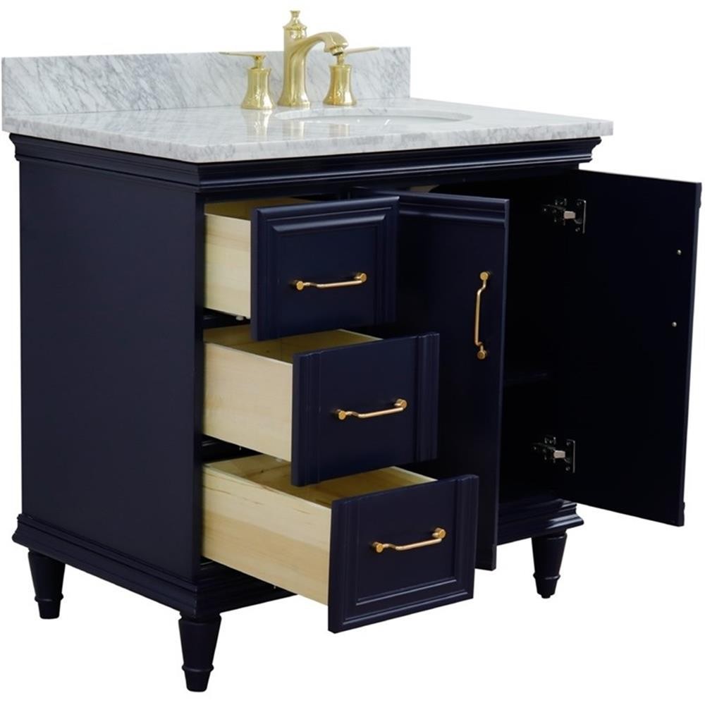 37 in. Single Wooden Vanity Blue White Carrara Oval Right Door.Right Sink