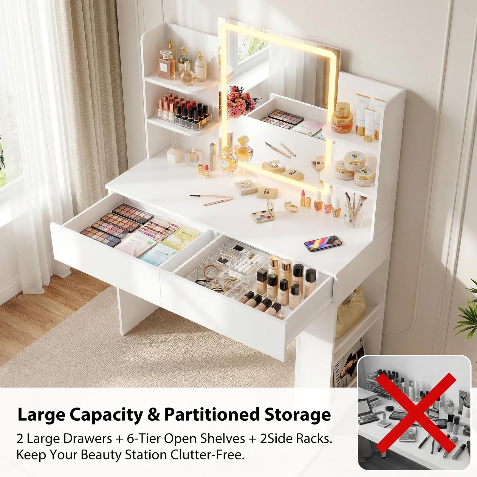 3 Color Dimmable LED Vanity Desk with Mirror 2 Drawers Storage Bench White