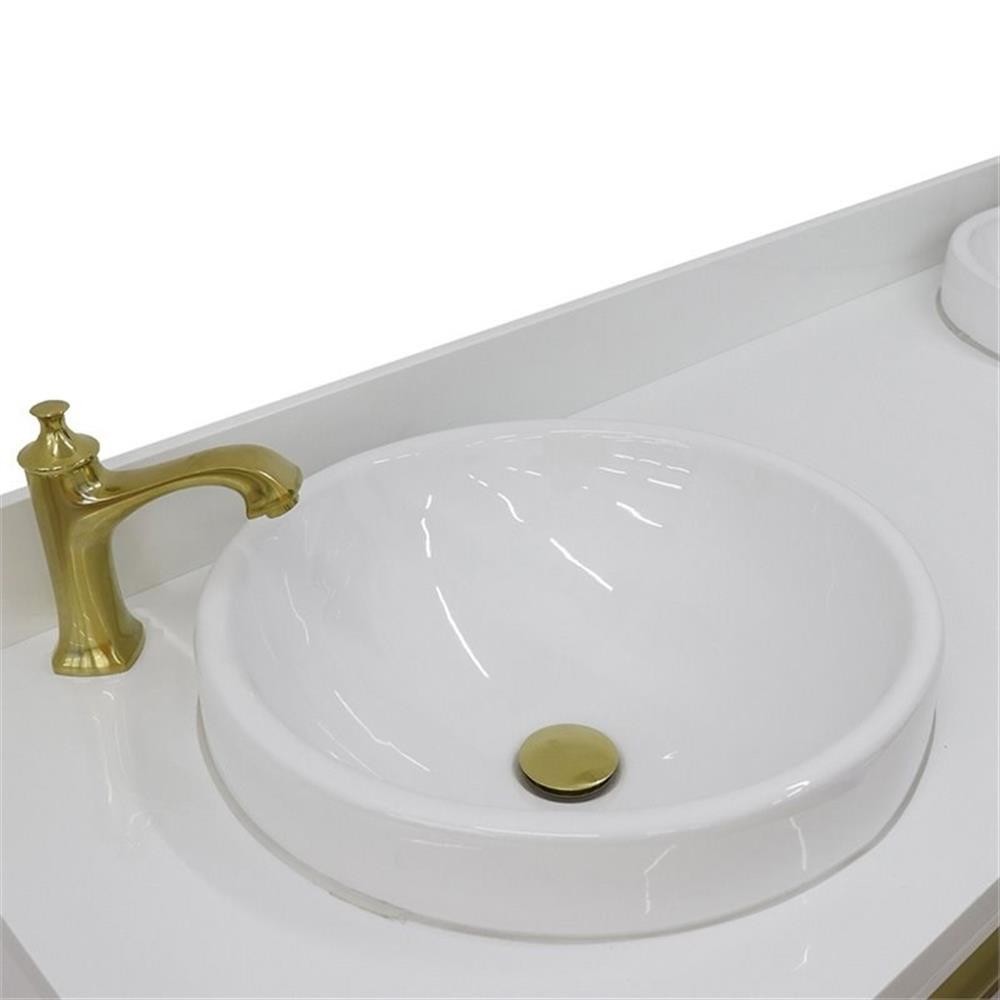 Pemberly Row 61″ Double Round Sink Solid Wood Vanity in White/White Quartz Stone