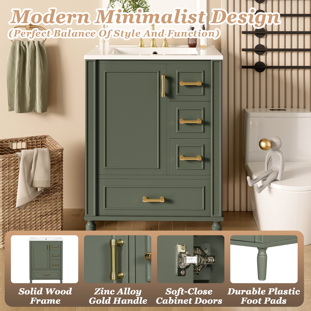 24″ Modern Bathroom Vanity with Ceramic Sink, Soft-Close Door, 3 Drawers