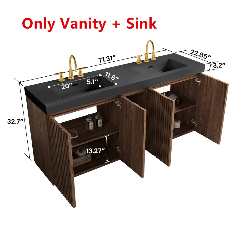 72″ Bathroom Vanity w/Double Sink,Freestanding Vanity 4 Door Cabinet, Shelves